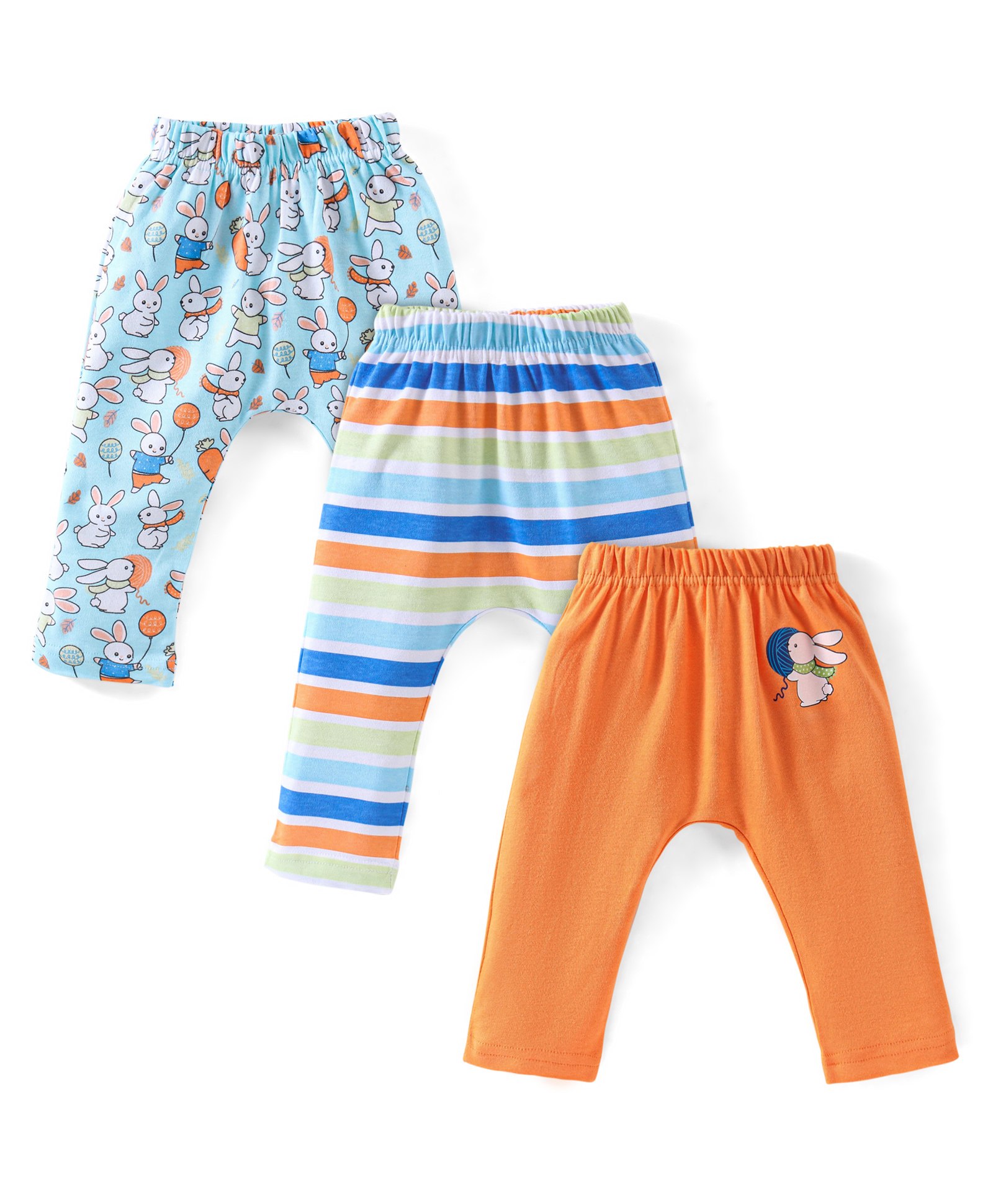 Babyhug Cotton Knit Full Length Diaper Pants Striped & Bunny Print Pack Of 3 - Multicfolour-image-36