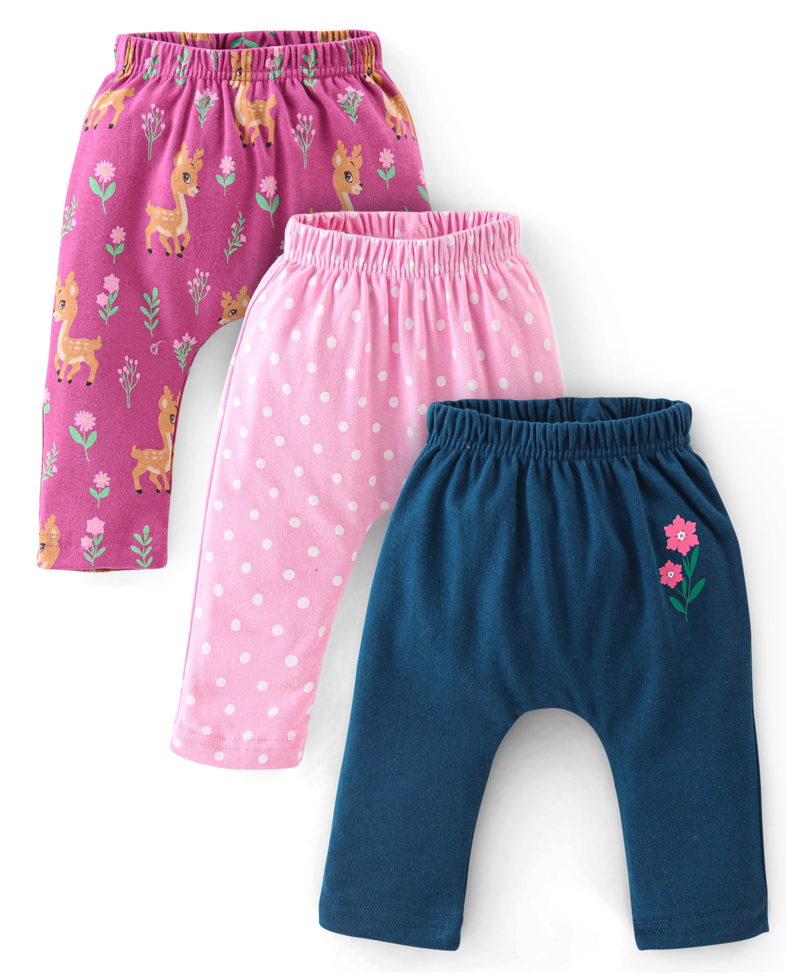 Babyhug Cotton Full Length Diaper Pants Deer Print Pack Of 3 - Maroon Purple & Navy Blue-image-47