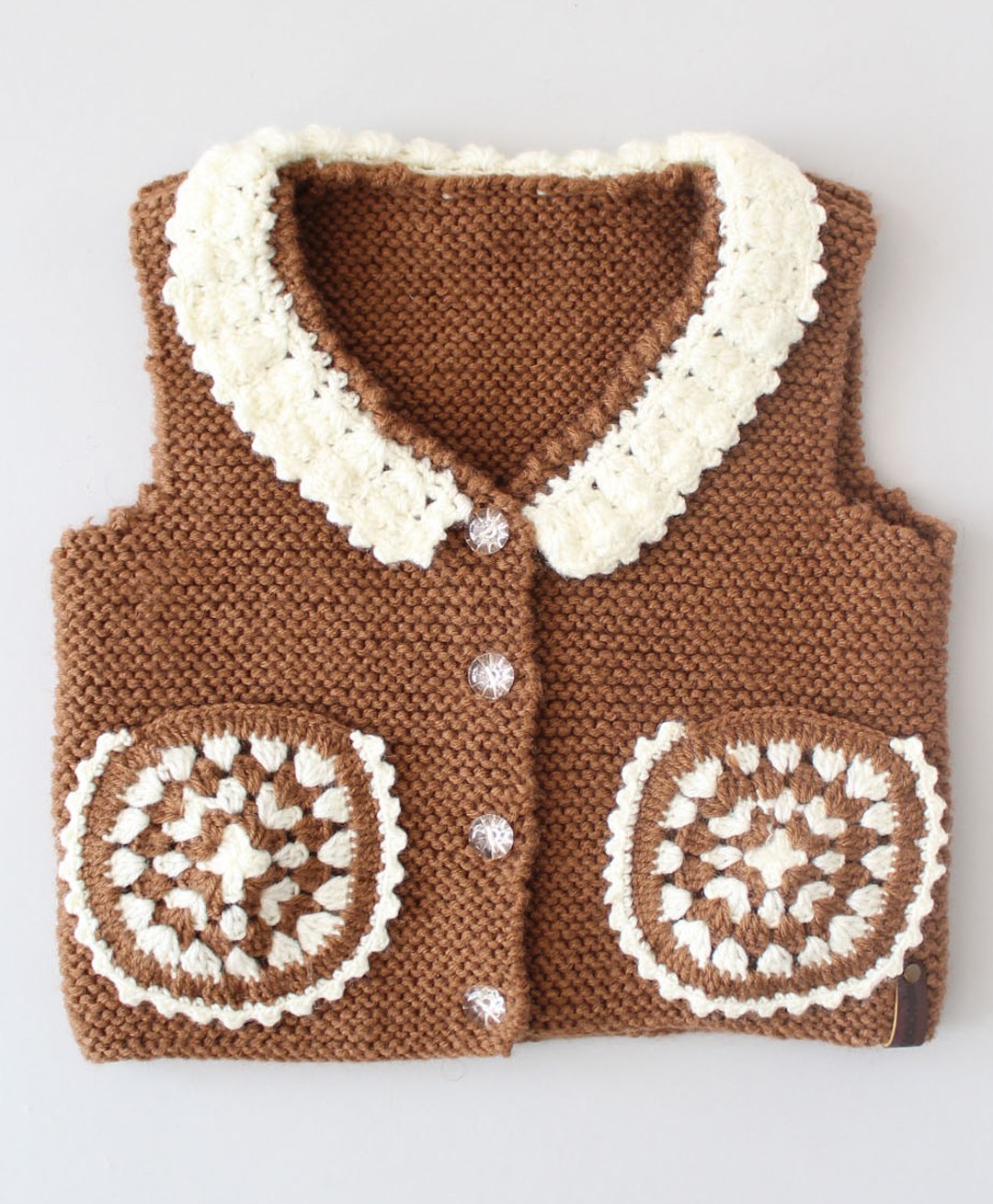 Woonie Sleeveless Crochet Pocket Detailed Knitted Sweater Vest - Brown-image-34
