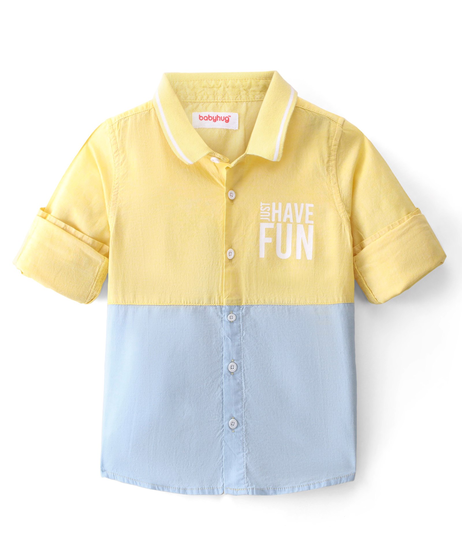 Babyhug Cotton Woven Full Sleeves Regular Rib Collar Text Printed Cut & Sew Shirt - Yellow & Blue-picture-29
