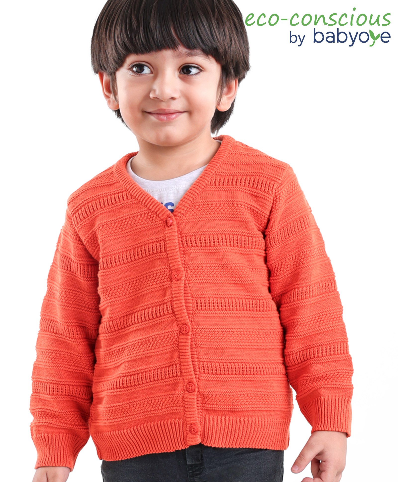 Babyoye 100% Cotton Full Sleeves Front Open Sweater With Self Knit Design - Orange-image-3
