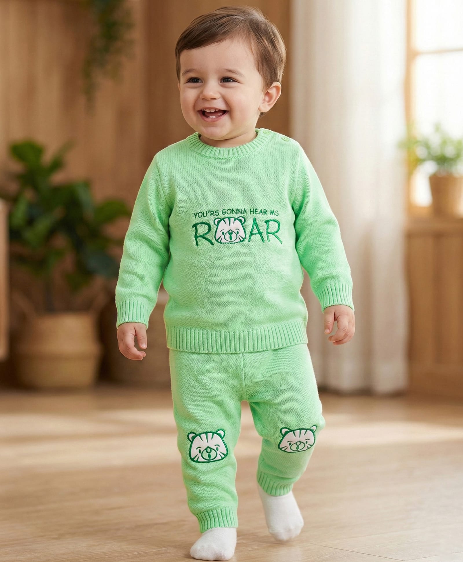 Babyoye 100% Cotton Full Sleeves Sweater Set With Text Embroidery - Light Green-picture-1