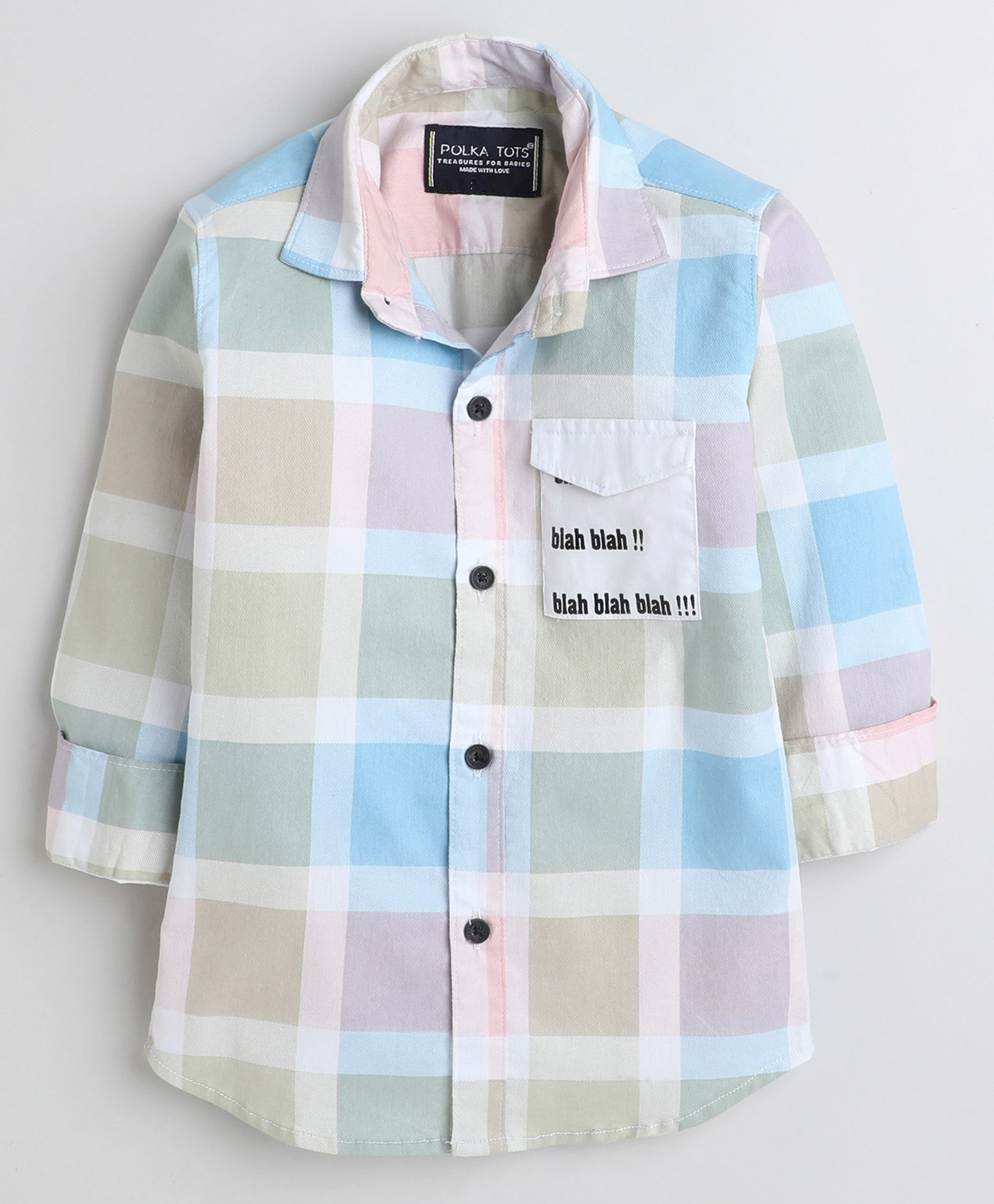 Polka Tots  Full Sleeves Big Window Pane Checked Shirt With Blah Blah Text Printed  Pocket  - Cream & Green-image-9