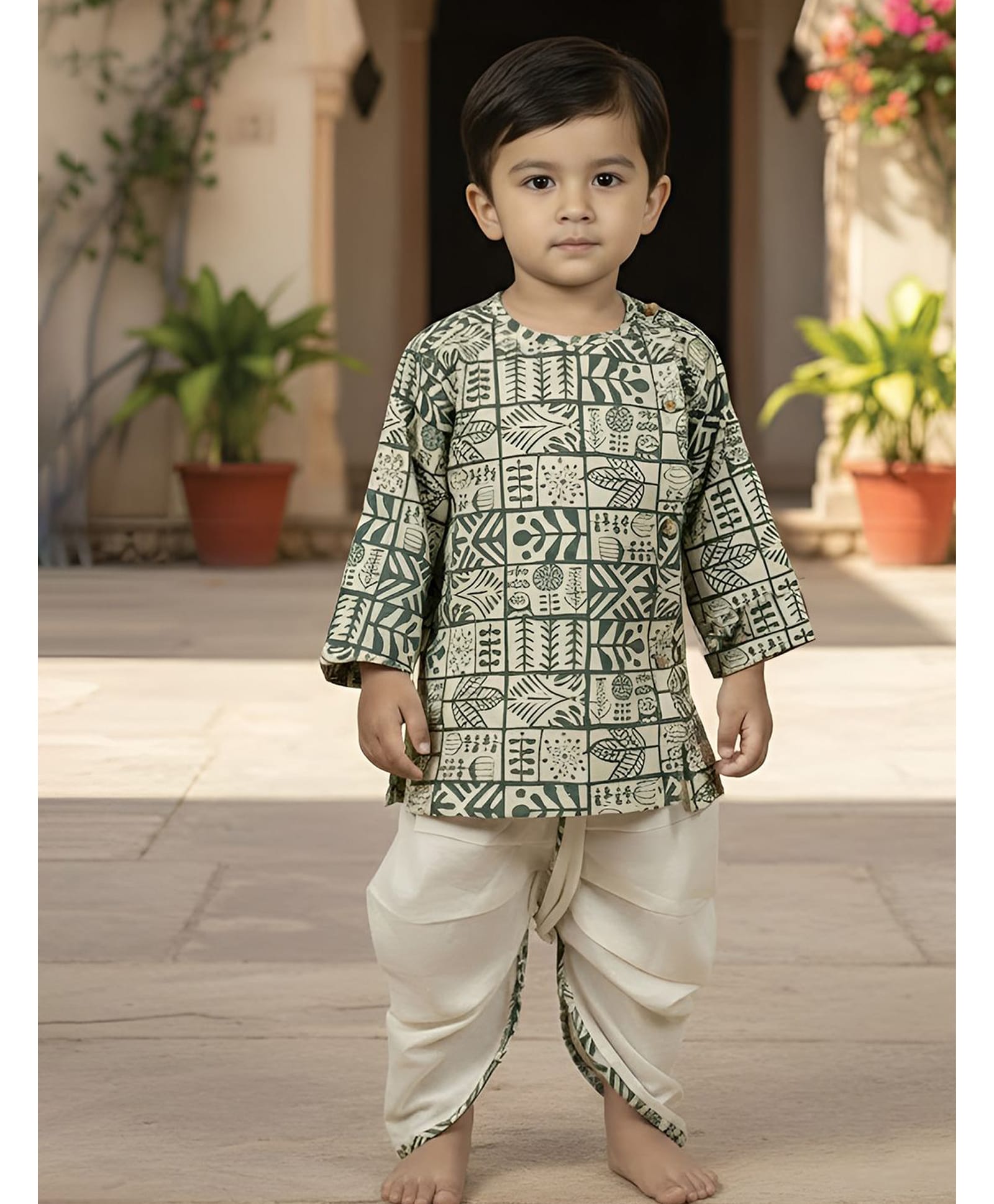 Polka Tots Full Sleeves Forrest Theme Leaves Geometric Block Printed Kurta & Coordinating Dhoti - Cream & Grey-image-43