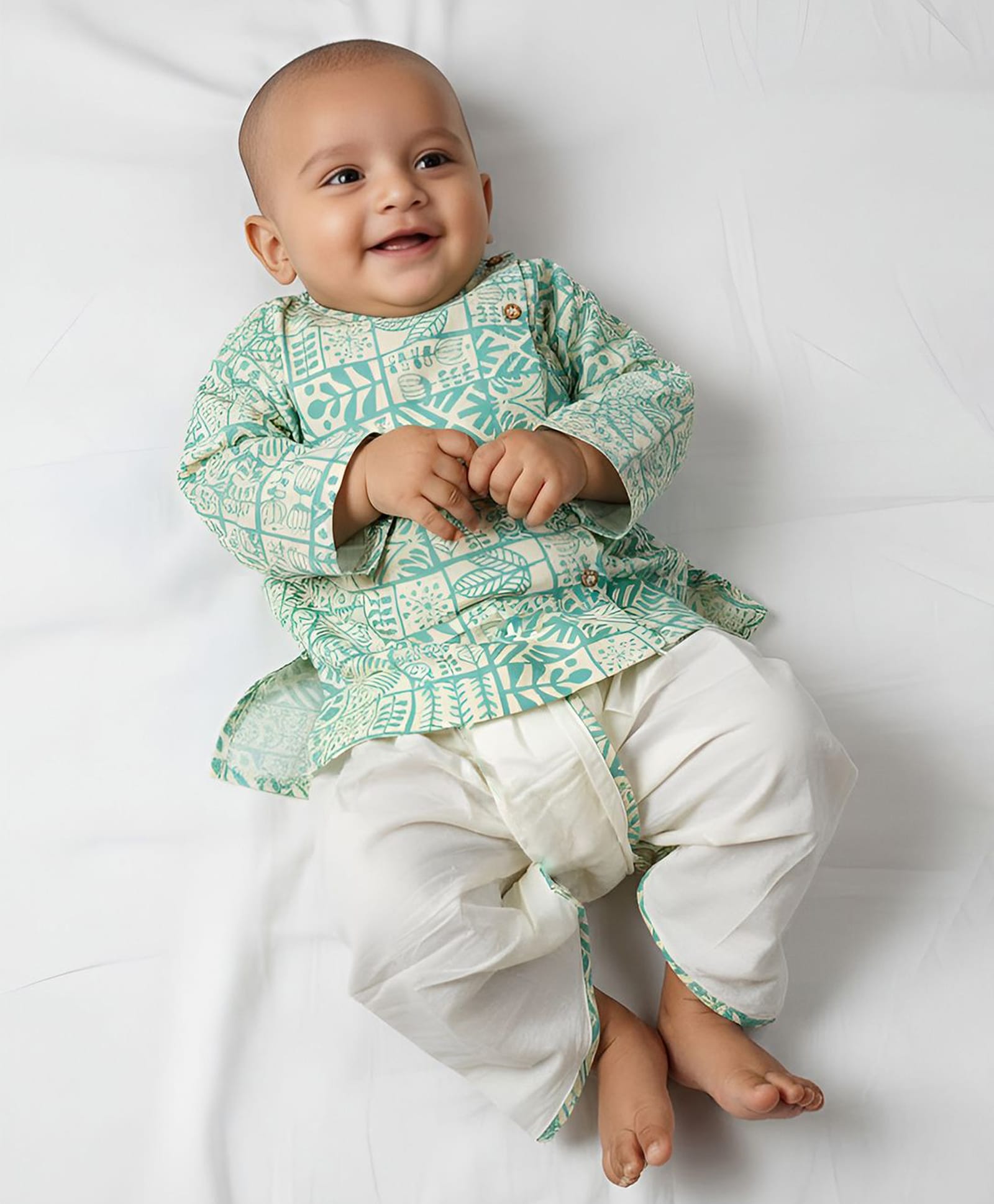 Polka Tots Full Sleeves Forrest Theme Leaves Geometric Block Printed Kurta & Coordinating Dhoti - Cream & Green-image-20