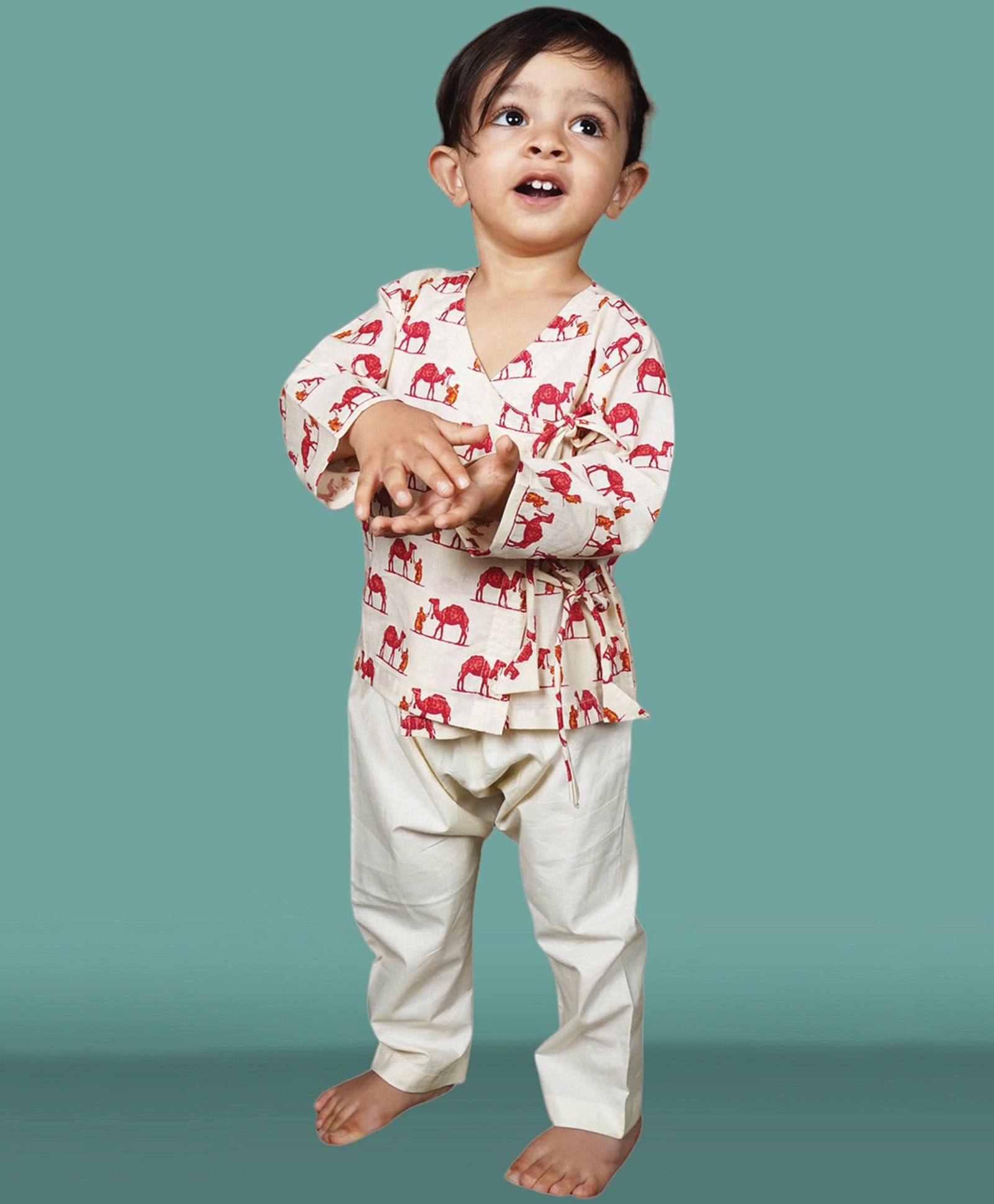 Polka Tots Full Sleeves Camel Printed Angrakha Style Kurta With Pyjama Pant Set - Cream-picture-31