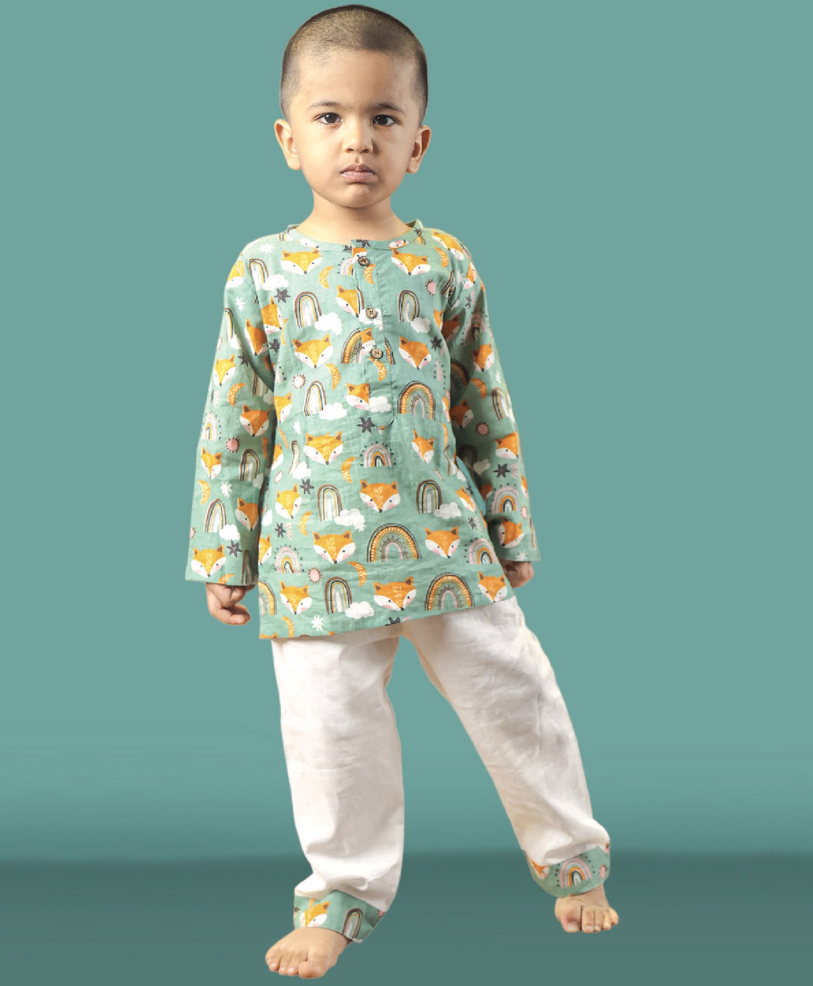 Polka Tots  Full Sleeves Wolf And Rainbow Printed  Kurta Pyjama Set - Green-picture-27