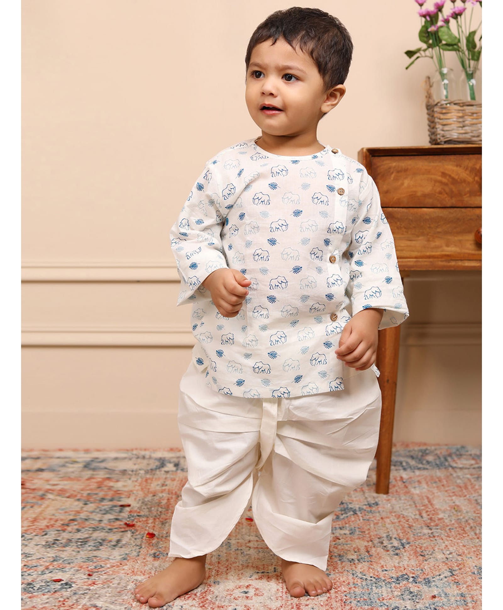 Polka Tots  Full Sleeves Elephant Printed Angrakha Kurta & Dhoti Pant Set - White & Blue-image-28