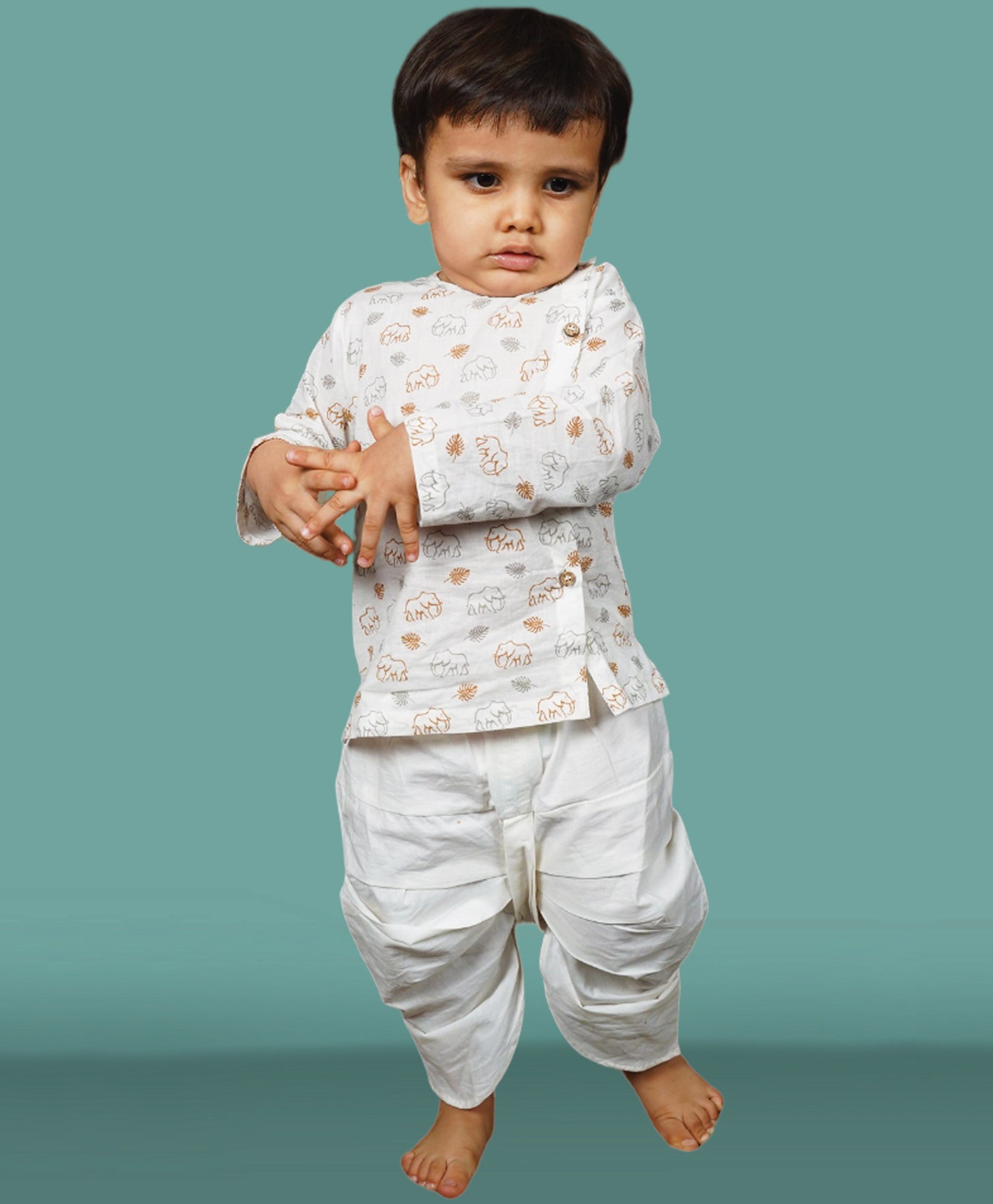 Polka Tots  Full Sleeves Elephant Printed Angrakha Kurta & Dhoti Pant Set - White & Mustard Yellow-image-27