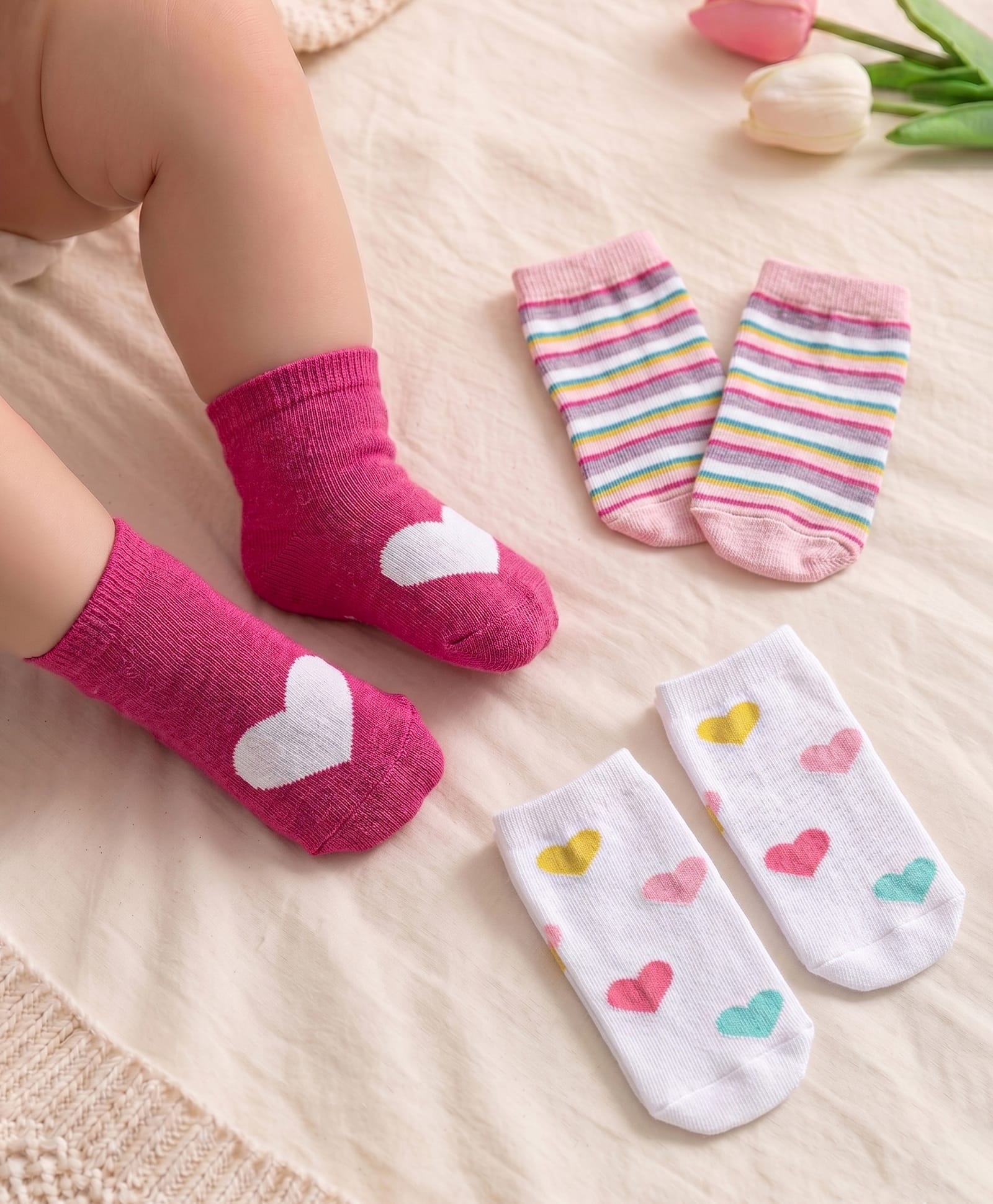 Cute Walk By Babyhug Cotton Knit Anti Bacterial Ankle Length Socks Heart Design Pack Of 3 - Multicolour-picture-27