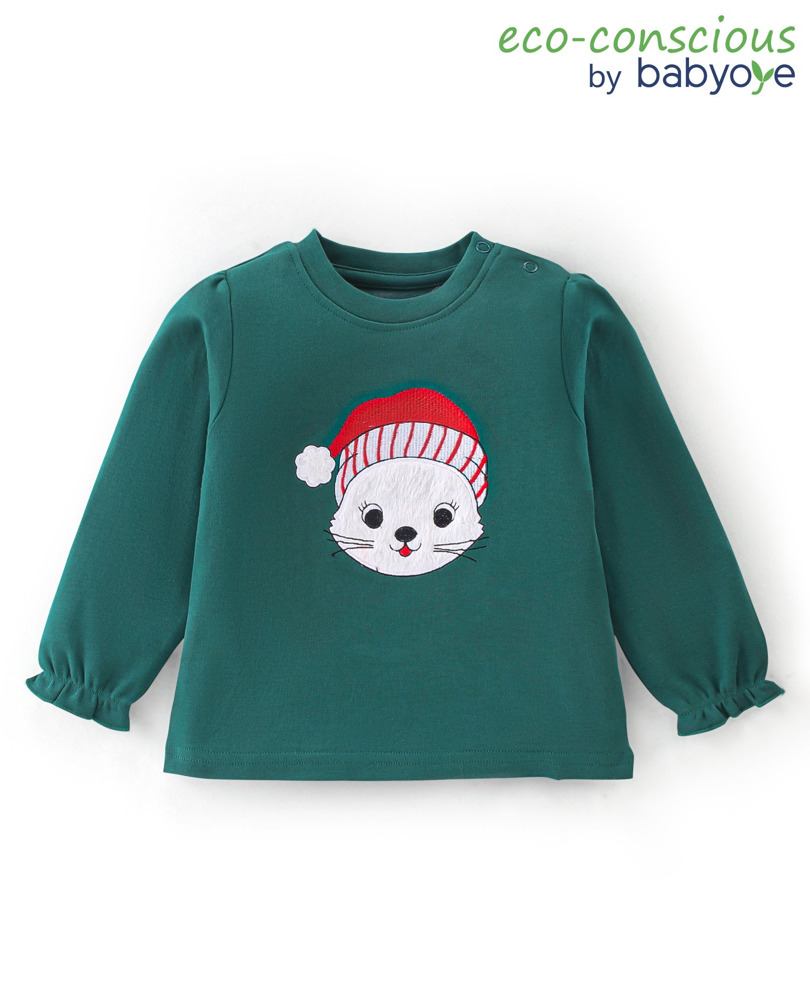 Babyoye Eco Concious 100% Cotton With Eco Jiva Finish Full Sleeves Top Kitty Print - Dark Green-image-45