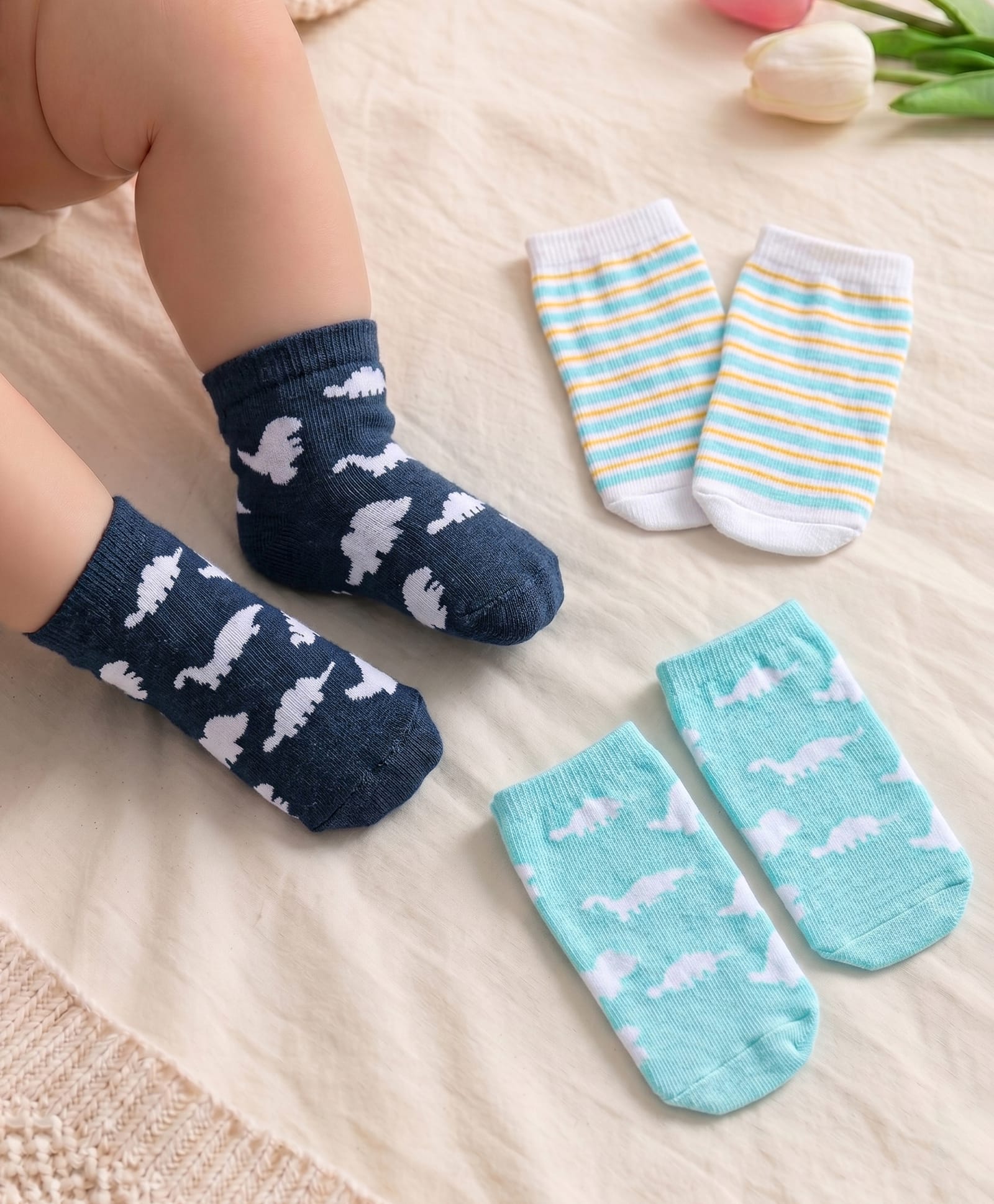 Cute Walk By Babyhug Anti Bacterial Ankle Length Socks Striped & Dino Design Pack Of 3 - Blue & White-image-48