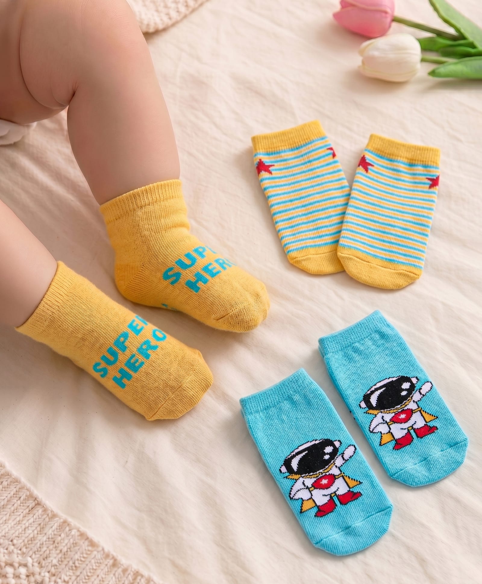 Cute Walk by Babyhug Ankle Length Anti Bacterial Socks Astronaut Design Pack of 3 - Yellow & Blue-image-31