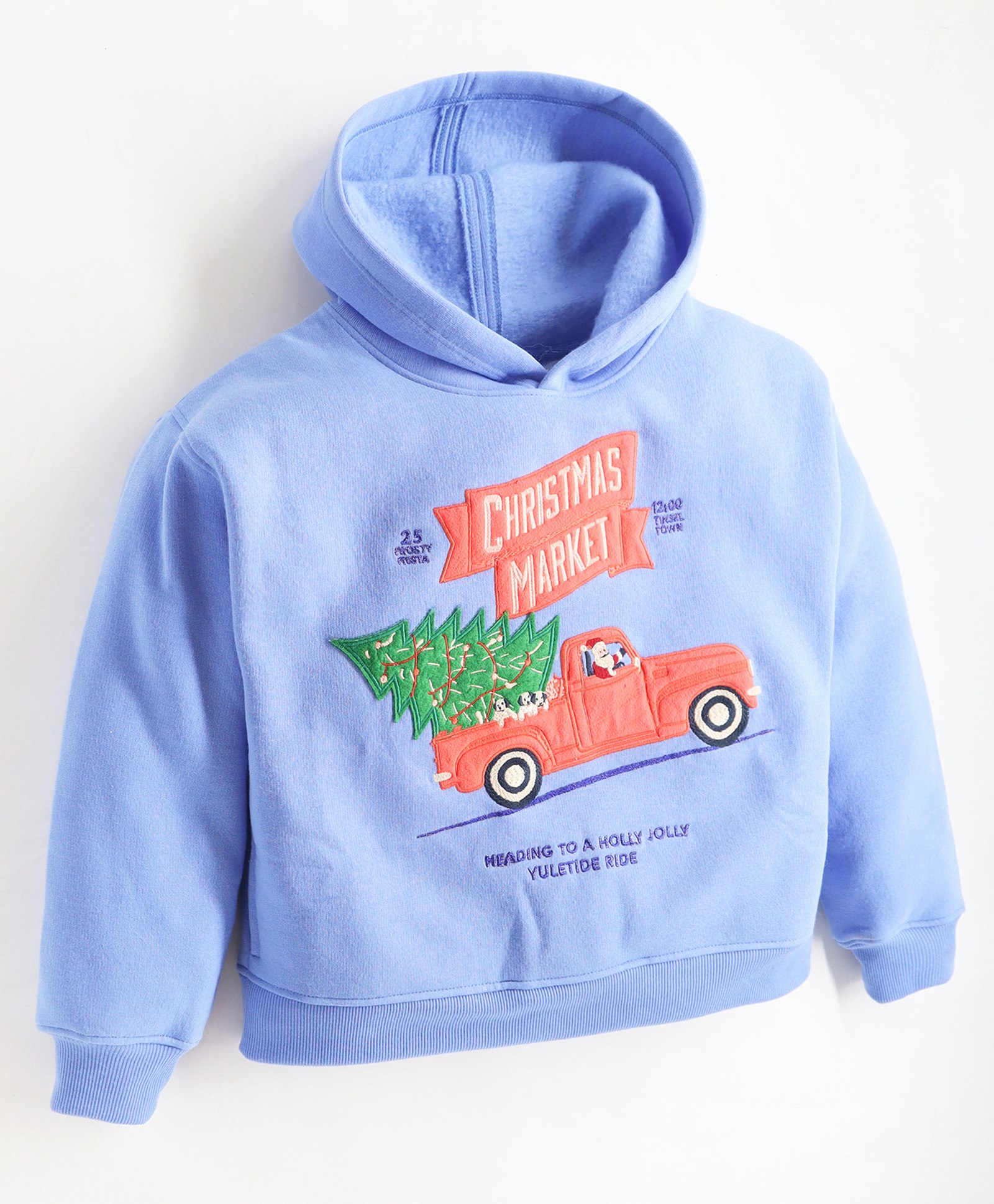Cherry Crumble By Nitt Hyman Christmas Theme Full Sleeves Santa Driving The Car Patch Detail Hoodie - Blue-picture-19