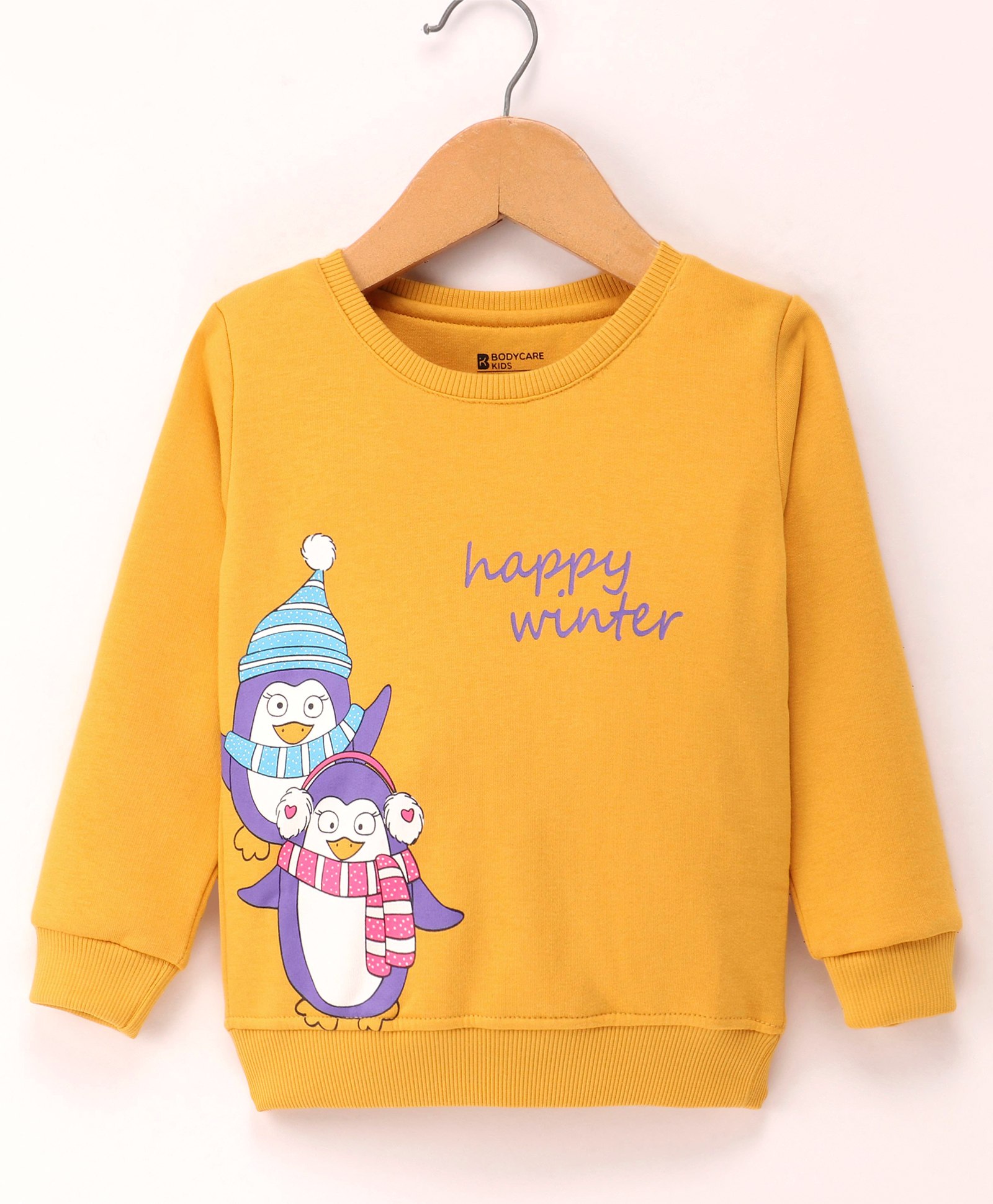 Bodycare Fleece Full Sleeves Sweatshirt Penguin Print - Mustard-image-10