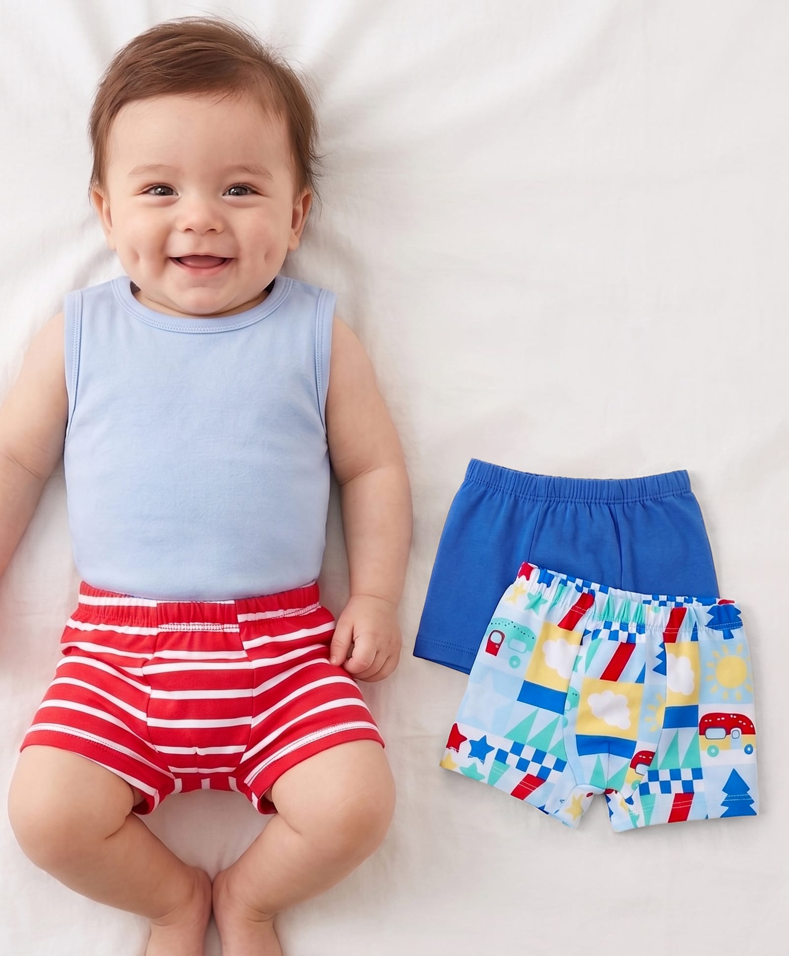 Babyhug 100% Cotton Knit Trunk Stripes & Car Print Pack of 3 - Red & Blue-image-39