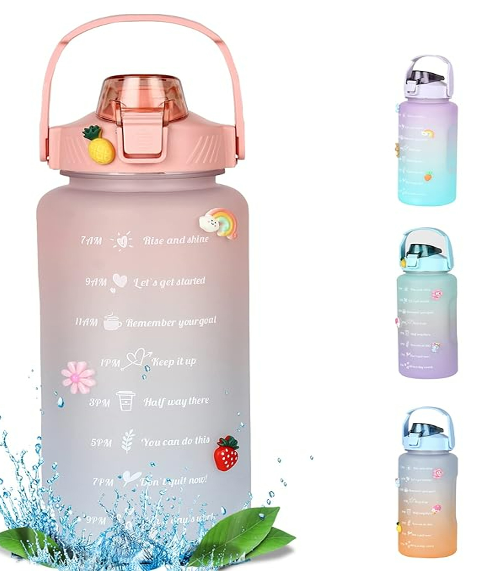 House of Quirk 2 Litre 3D Sticker Water Bottle with Straw, Unbreakable Sports Water Bottles with Handle, Leak Proof Drinks Bottle BPA Free for Gym Fitness Outdoor Sports - Pink/Blue-picture-26