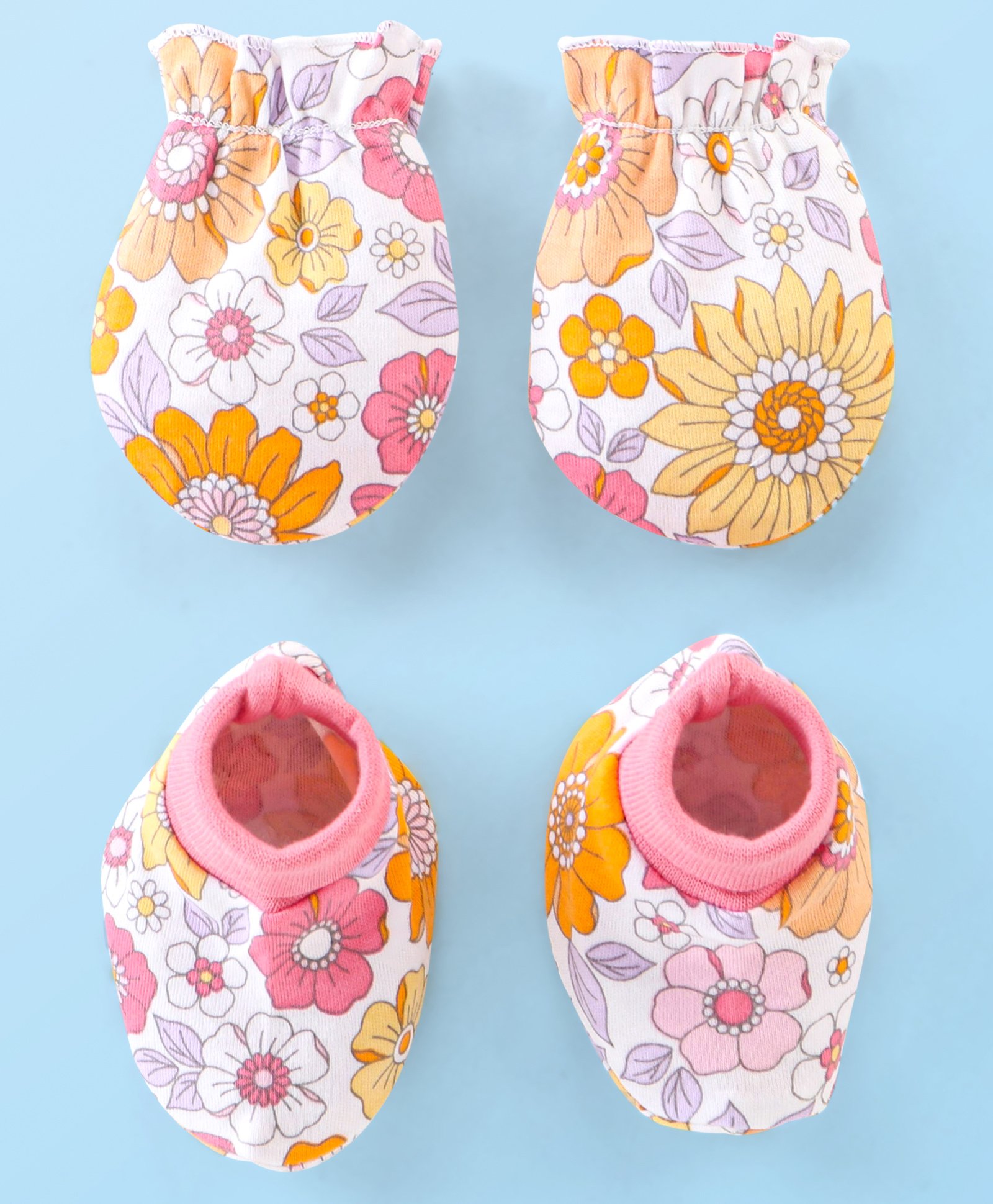 Babyhug 100% Cotton Knit Floral Print Mittens & Booties - Multicolour-image-28