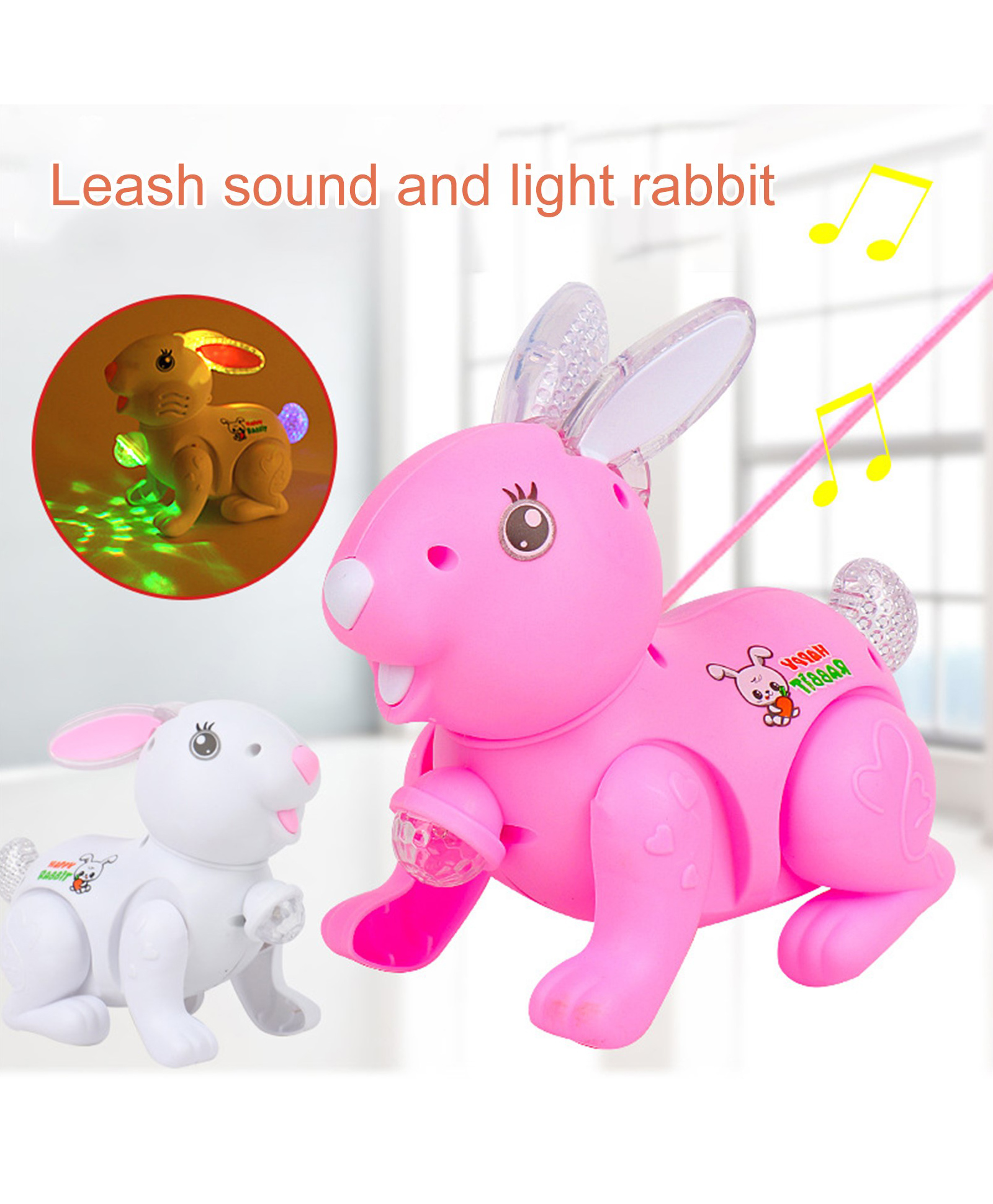 YAMAMA Happy Rabbit Musical Toy With Cool Lights Music And Leash Rope For Kids And Babies  Color May Vary-image-24