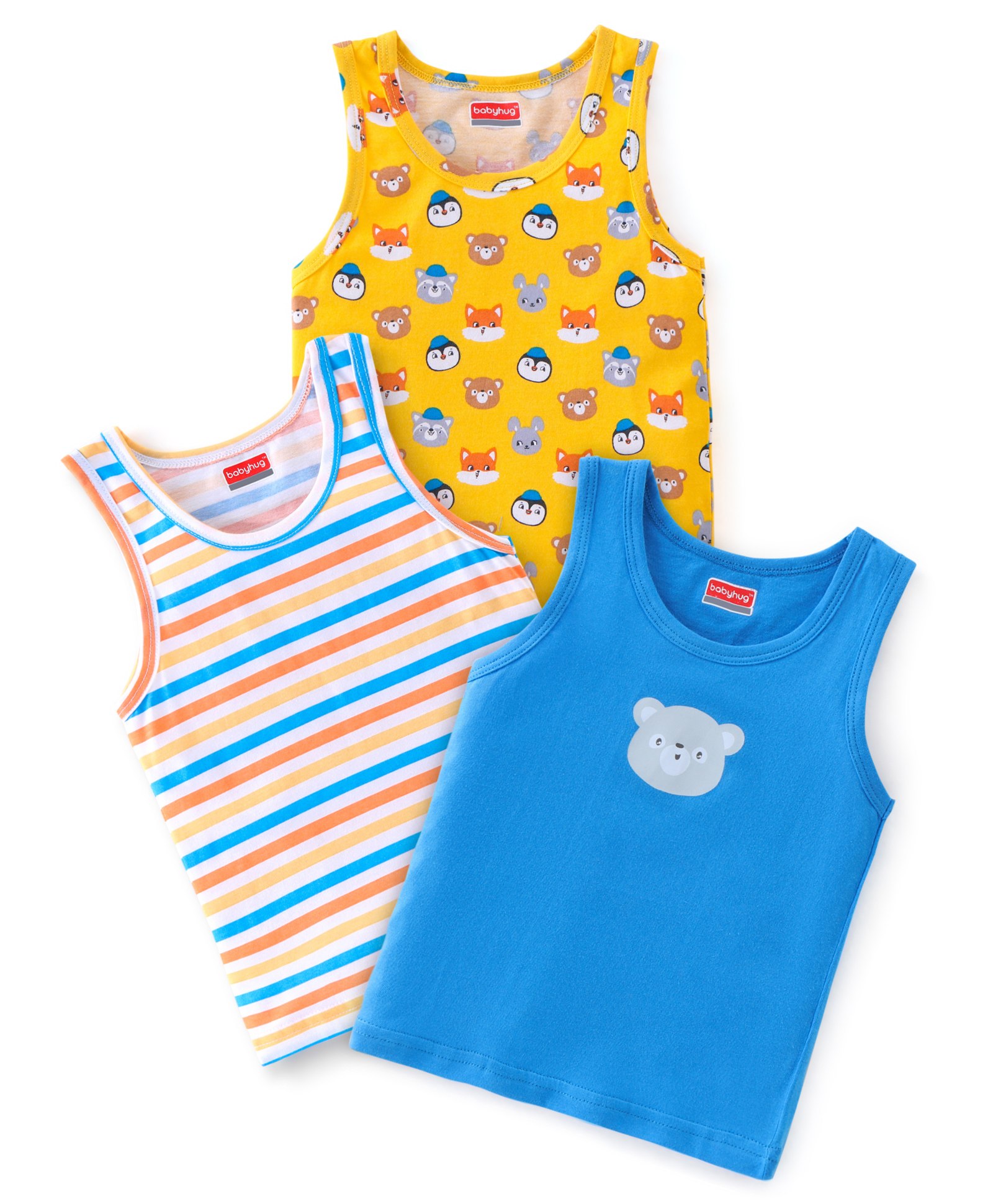 Babyhug 100% Cotton Sando With Striped & Animals Print Pack Of 3 - Yellow White & Blue-image-41