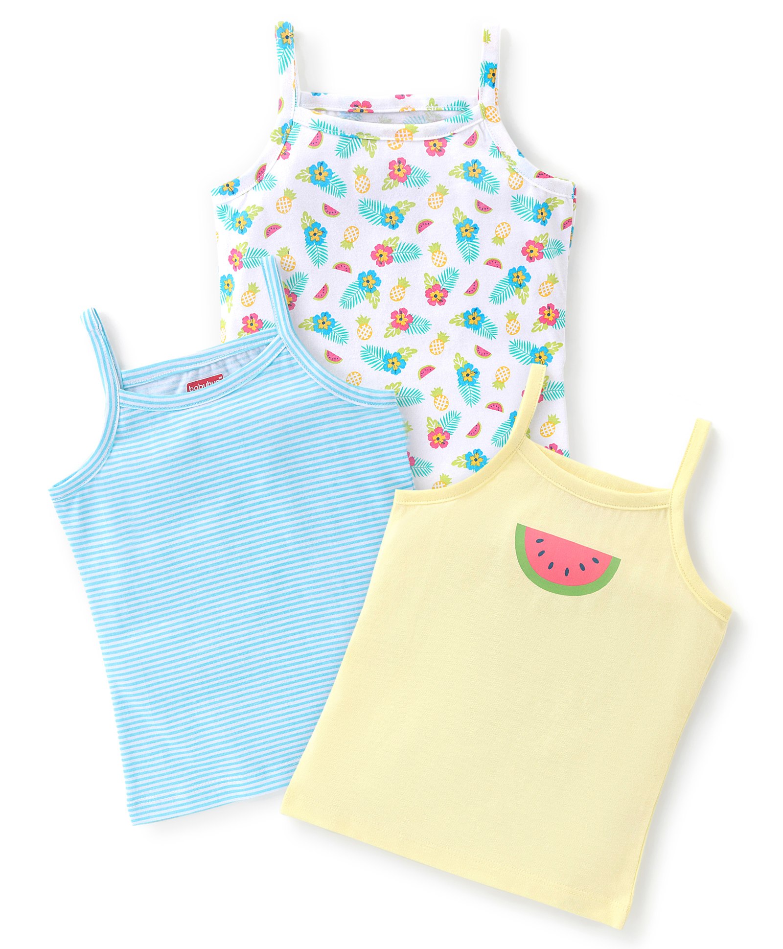 Babyhug 100% Cotton Sleeveless Slips Stripes & Watermelon Print Pack of 3- Blue & Yellow