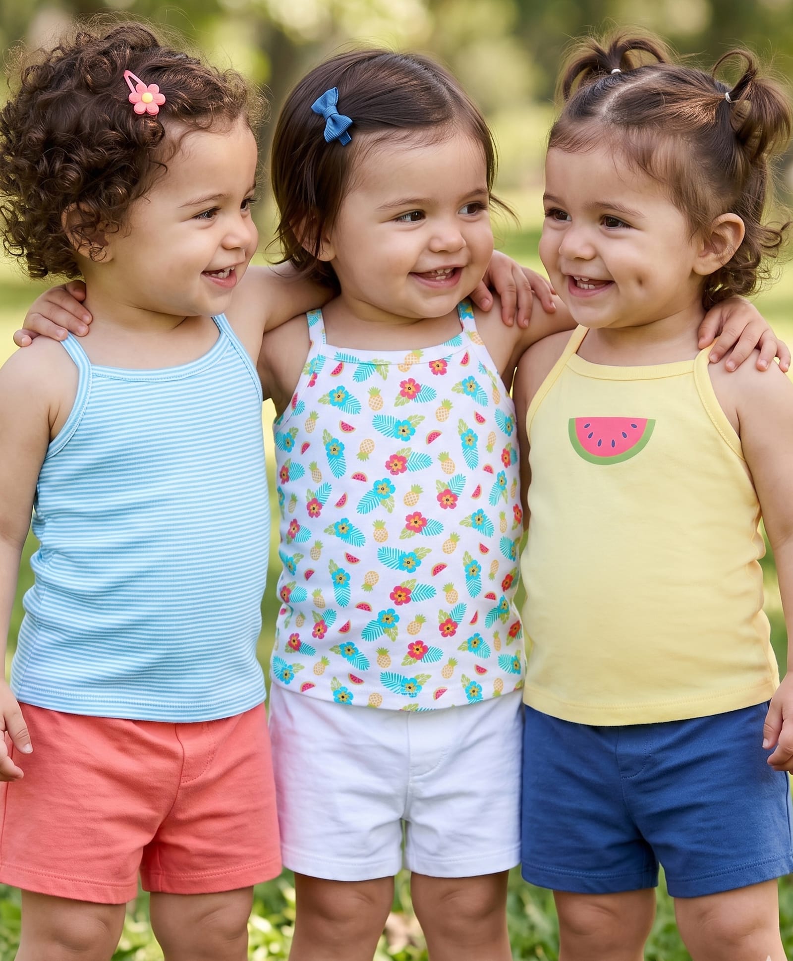Babyhug 100% Cotton Sleeveless Slips Stripes & Watermelon Print Pack of 3- Blue & Yellow-image-33