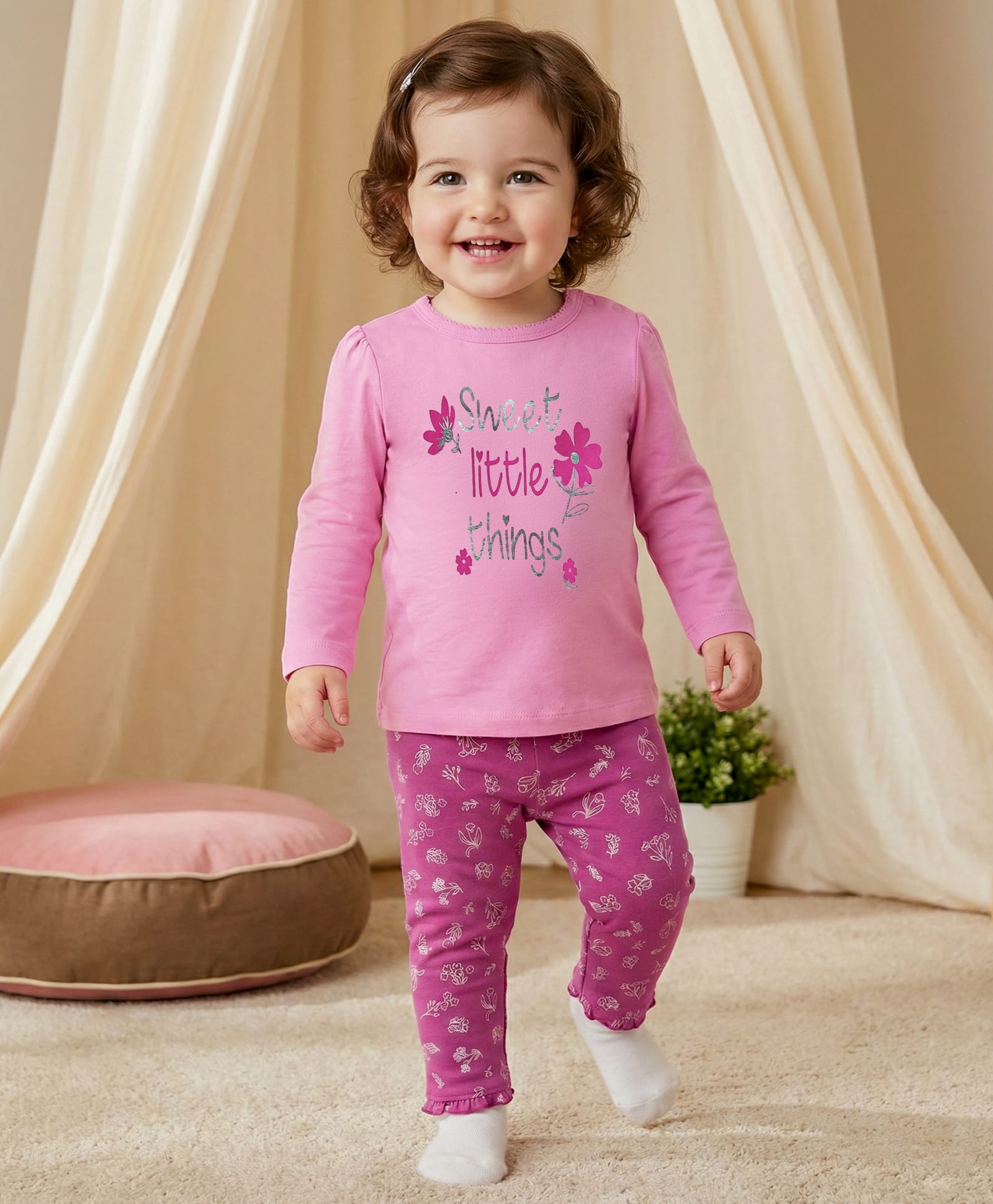 Babyoye Anti Bacterial Cotton Single Jersey Lycra Full Sleeves Night Suit Floral Print - Light Pink & Purple-image-30
