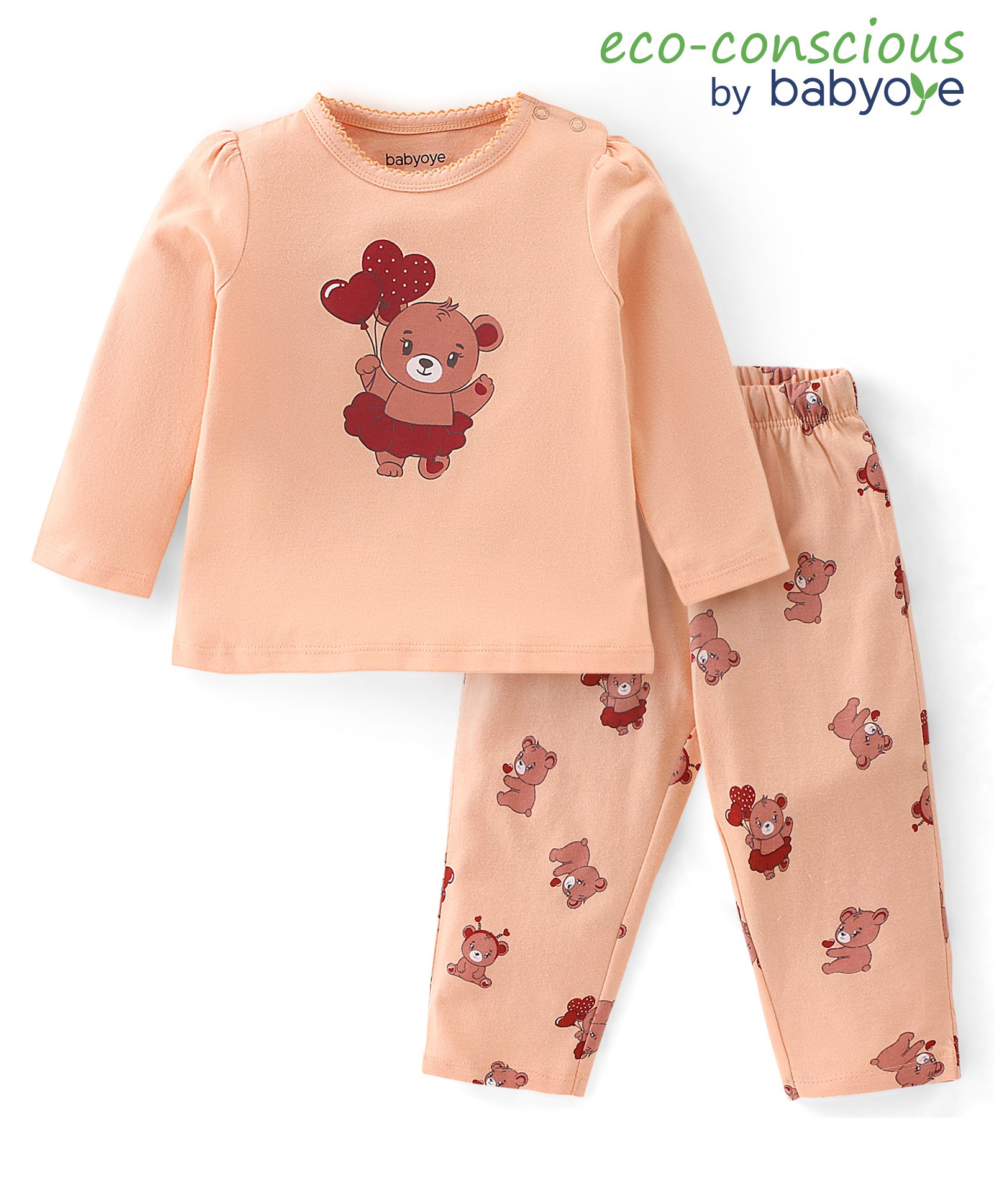 Babyoye Anti Bacterial Cotton Lycra Full Sleeves Bear Printed  Nightwear - Light Orange-image-20