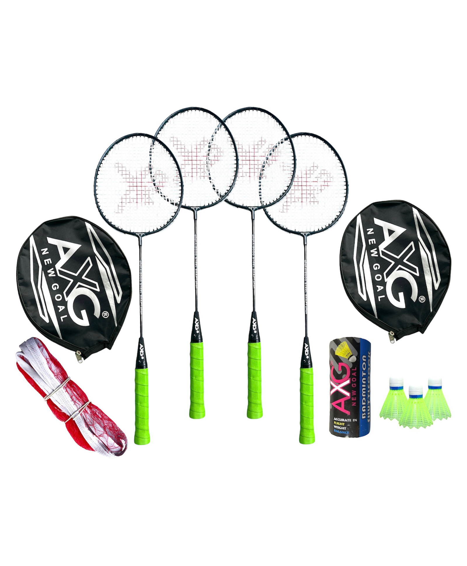 AXG Scratch Resistant A 2000 Racquets Set of 4 with Cover 3 Plastic Shuttle and Net Badminton Kit - Green-image-30