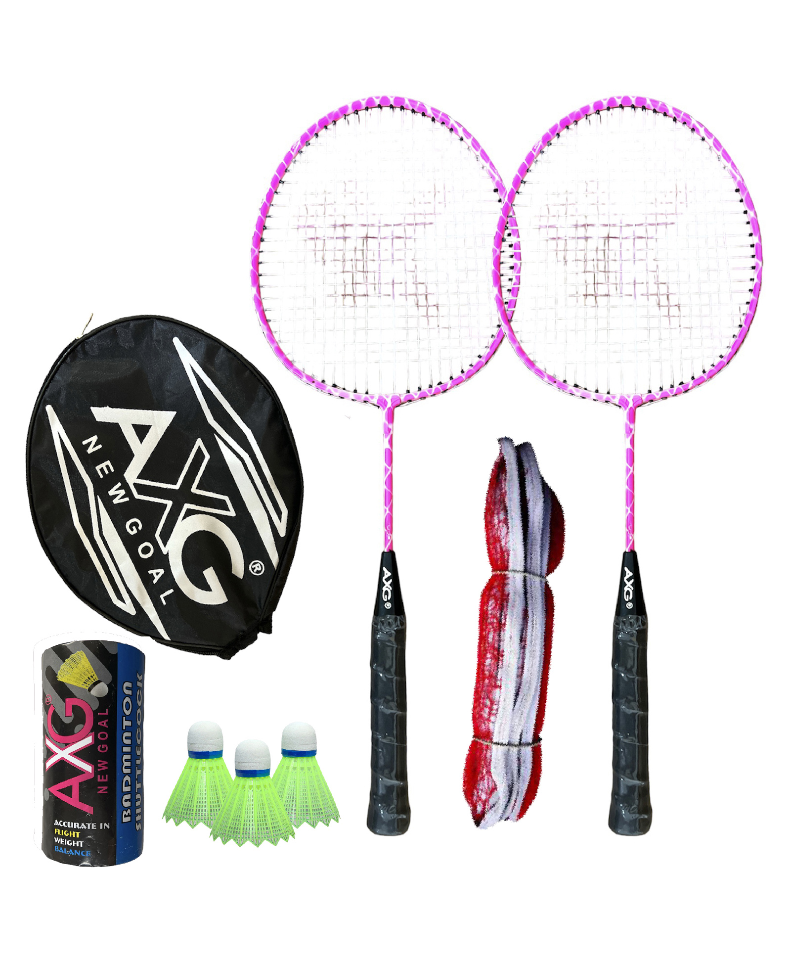 AXG Durable Stylish Design 2 Racquets With 3 Plastic Shuttles Net And Cover Badminton Kit (Pink)-image-4
