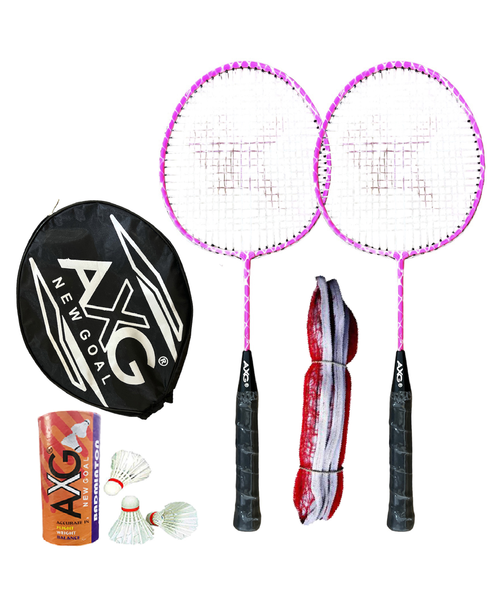 AXG Durable & Stylish Design 2 Racquets With 3 Feather Shuttles Net And Cover Badminton Kit (Pink)-image-29