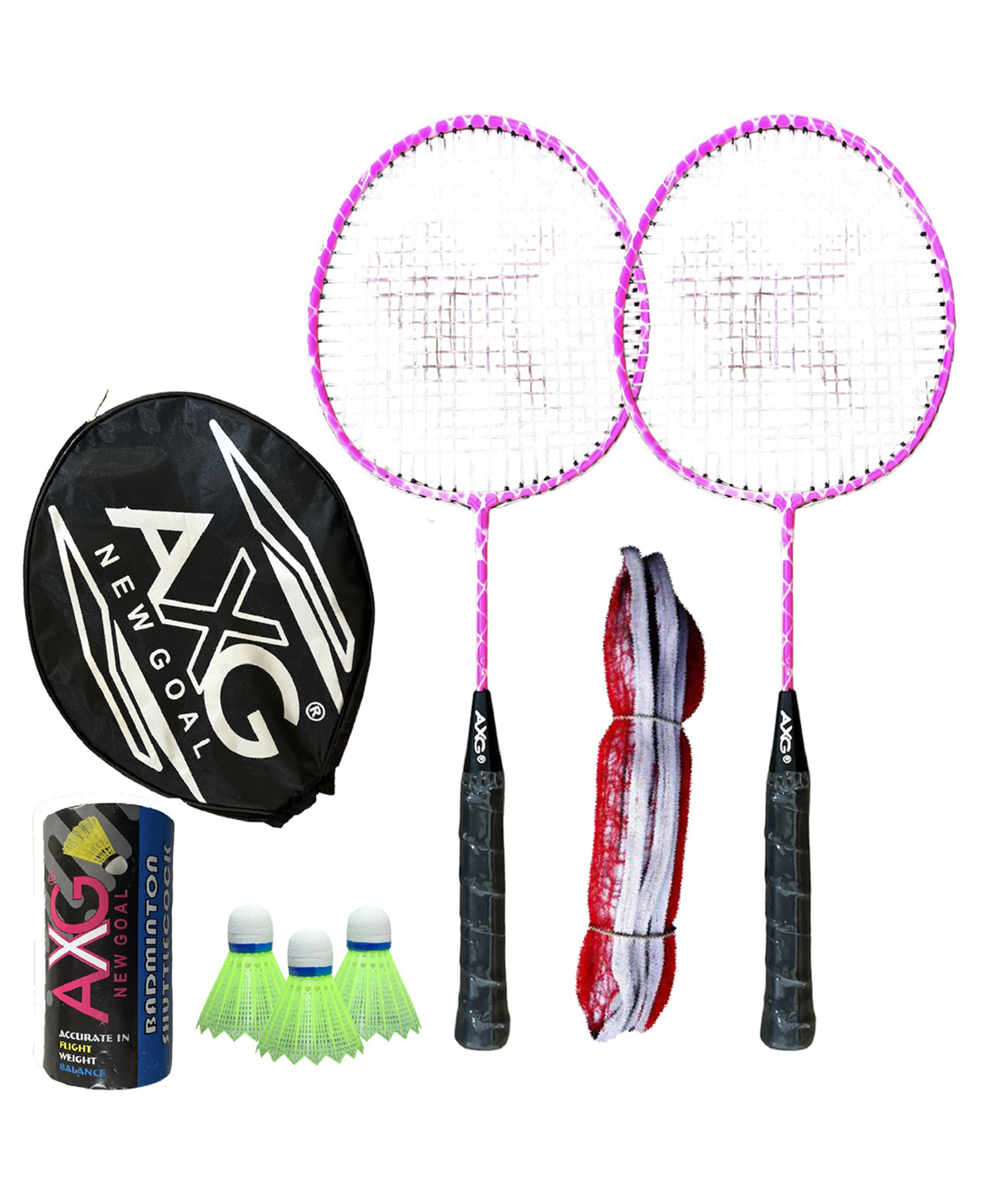 AXG Durable Stylish Design 2 racquets with 3 plastic shuttles, net and cover Badminton Kit (Pink)-image-40