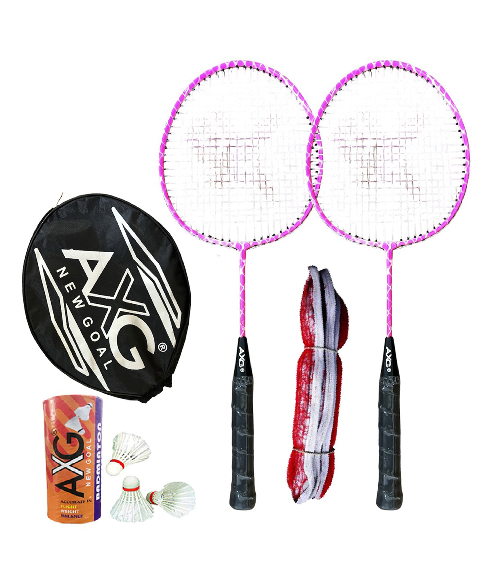 AXG Durable & Stylish Design 2 Racquets with 3 feather shuttles, net and cover Badminton Kit (Pink)-image-27
