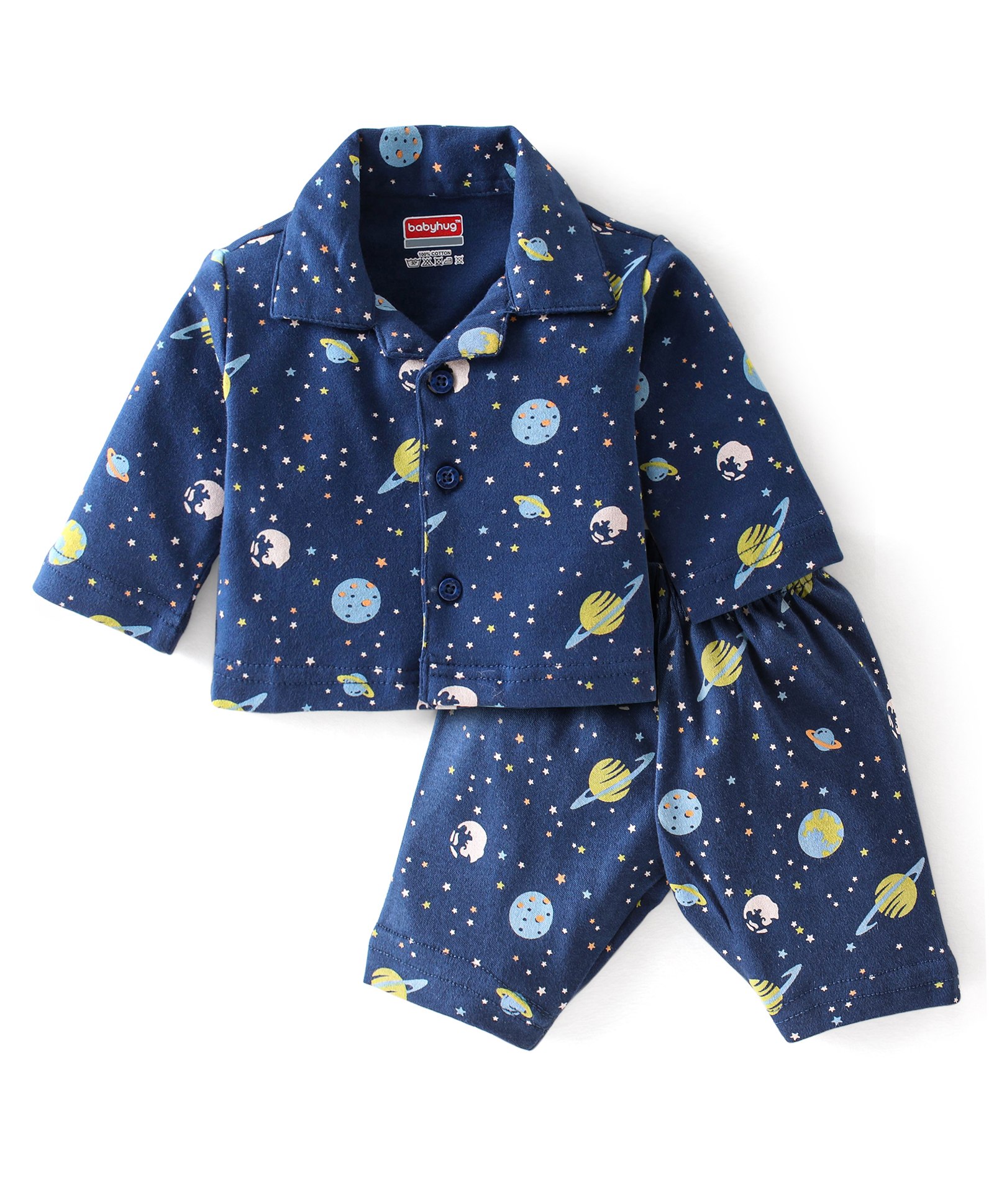 Babyhug Cotton Interlock Knit Full Sleeves Front Open Night Suit Space Print - Navy Blue-picture-19