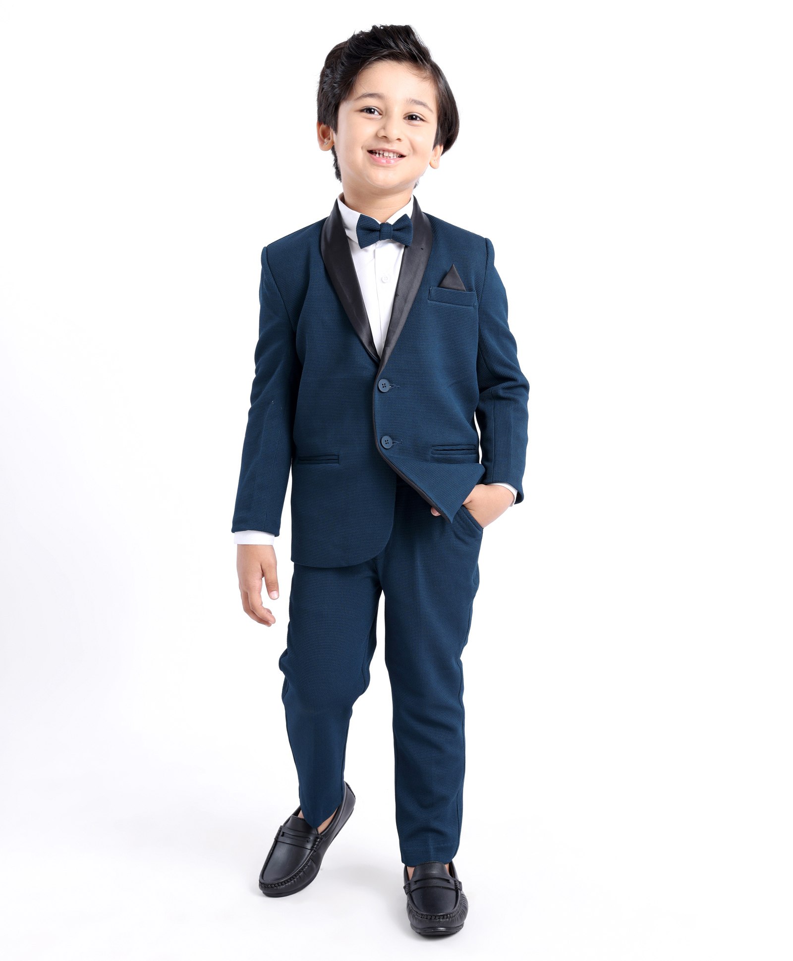 Babyhug Woven Full Sleeves Stretch Fit Party Suit With Bow - Navy Blue-image-4
