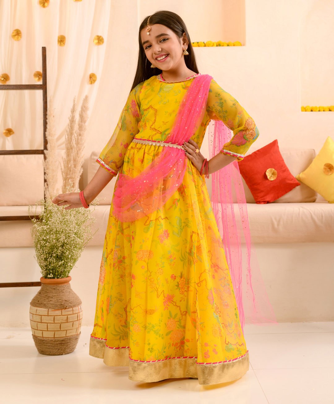 Pspeaches Three Fourth Sleeves Floral Printed With Lace Embellished Gown With Attached Dupatta - Yellow-image-34