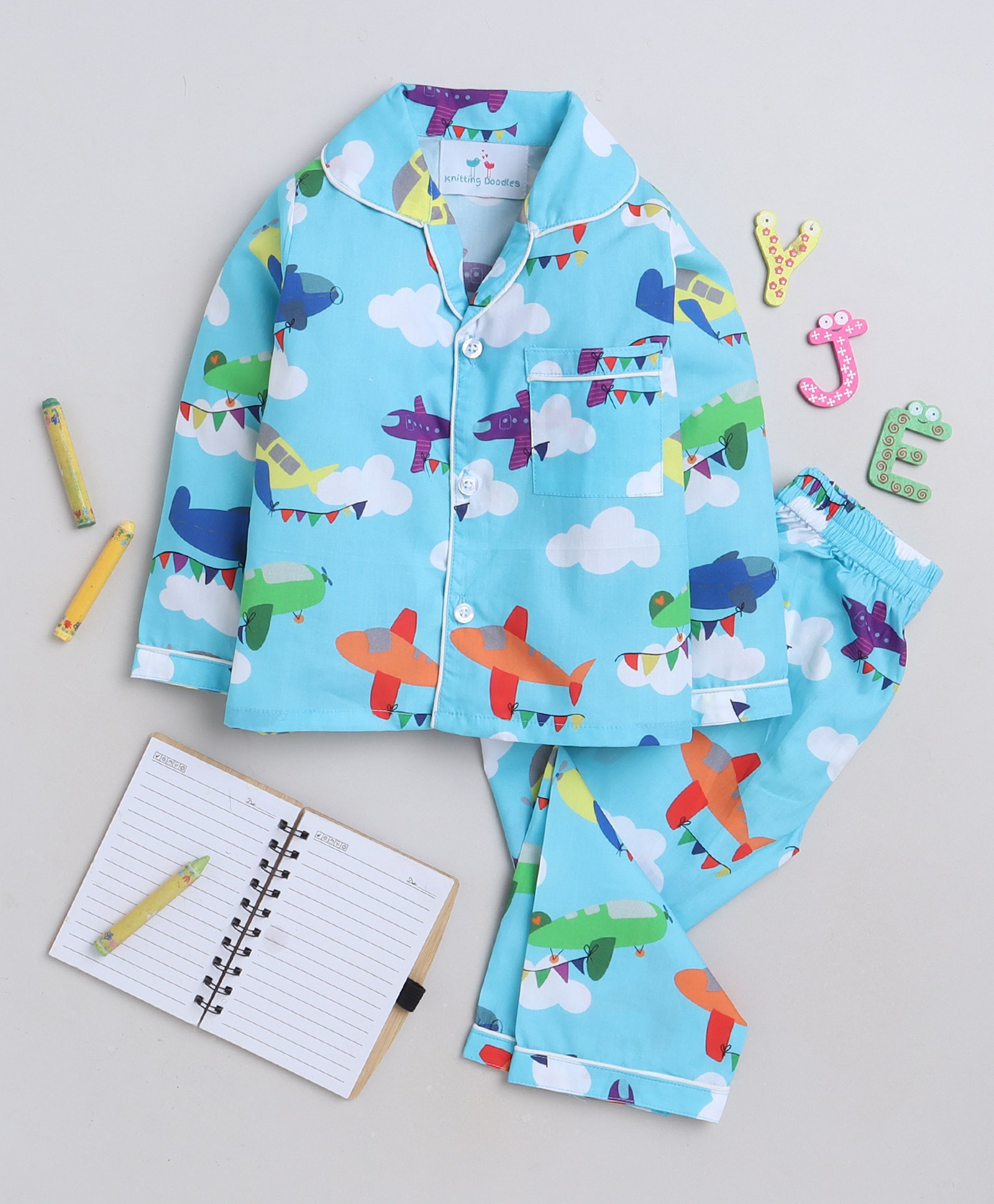 Knitting Doodles Premium Cotton Full Sleeves Aeroplane  Printed    Coordinating Night Suit - Blue-picture-13