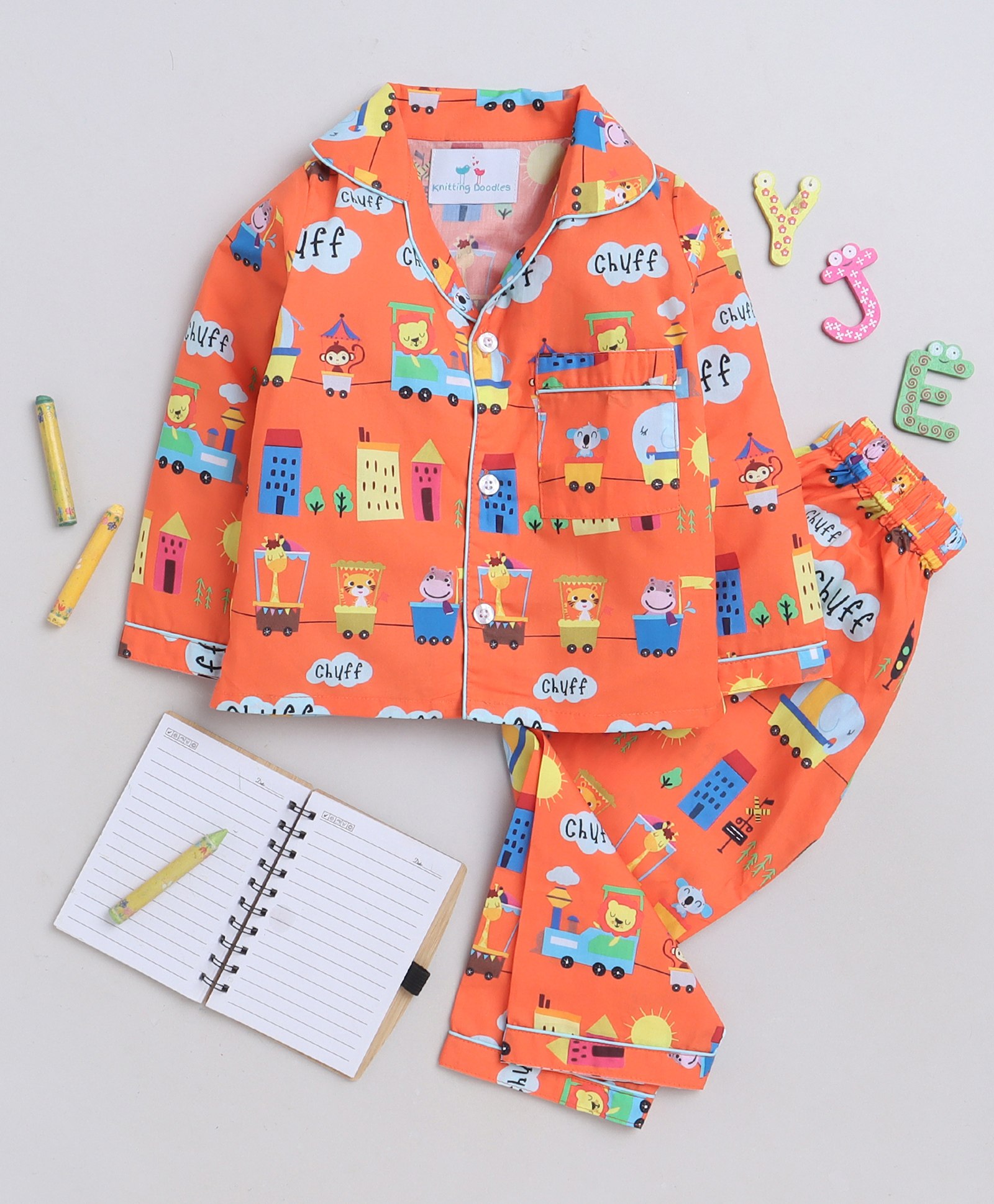 Knitting Doodles Premium Cotton Full SleevesAnimals & Vehicle Printed Coordinating Night Suit - Orange-picture-10