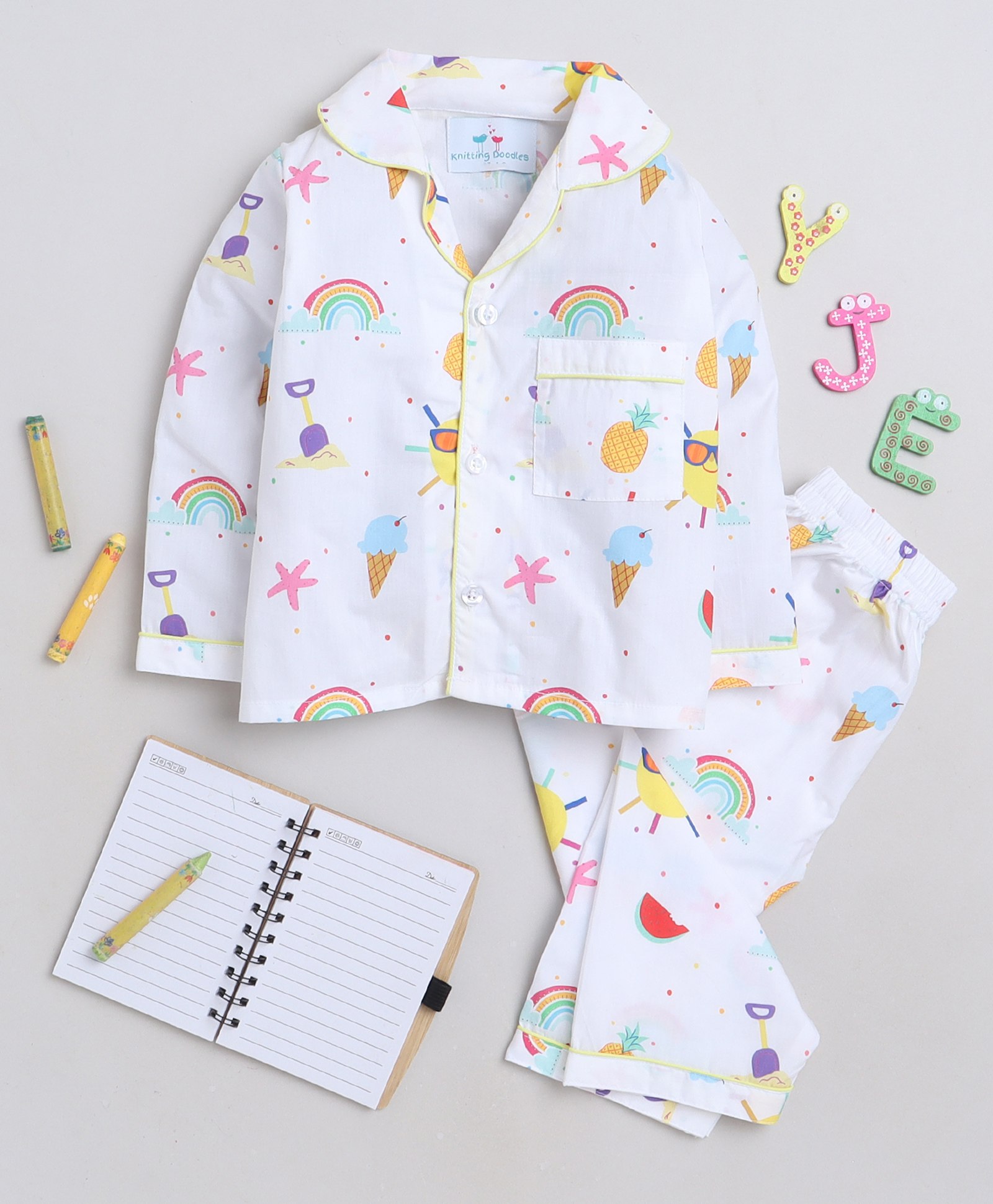 Knitting Doodles Premium Cotton Full Sleeves  Rainbow & Ice Cream Printed  Coordinating Night Suit - White-picture-49