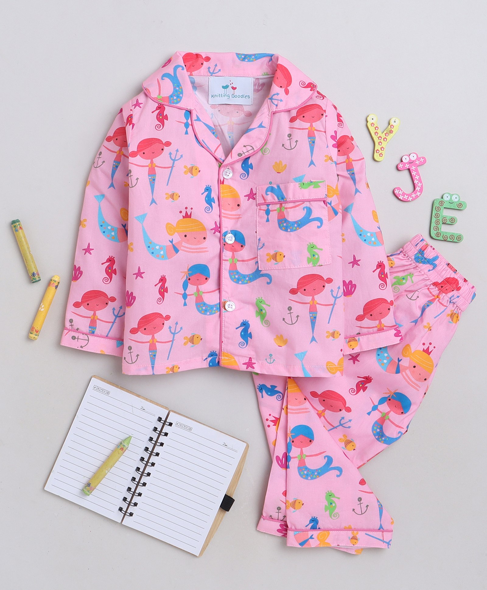 Knitting Doodles Premium Cotton Full Sleeves Mermaid Printed Coordinating Night Suit - Pink-image-16