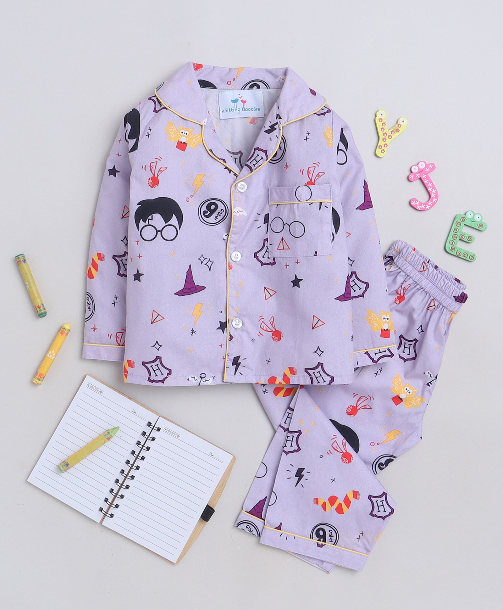 Knitting Doodles Premium Cotton Full Sleeves Magical  Theme Printed Coordinating Night Suit - Purple-picture-12
