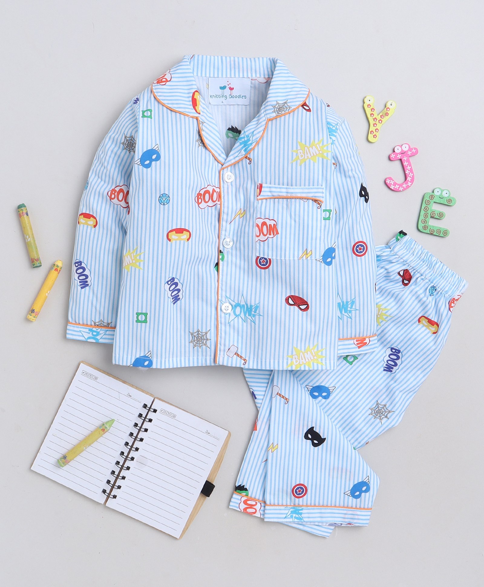 Knitting Doodles Premium Cotton Full Sleeves Boom Printed & Striped Pattern Coordinating Night Suit - Blue & White-picture-1
