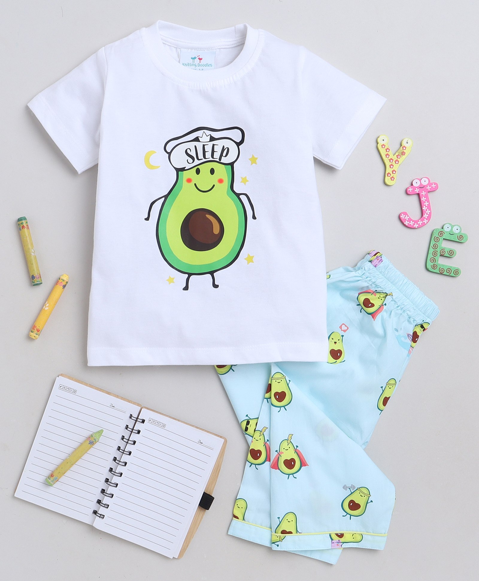 Knitting Doodles Premium Cotton Half Sleeves Avocado Printed Tee & Pajama - White & Blue-picture-14