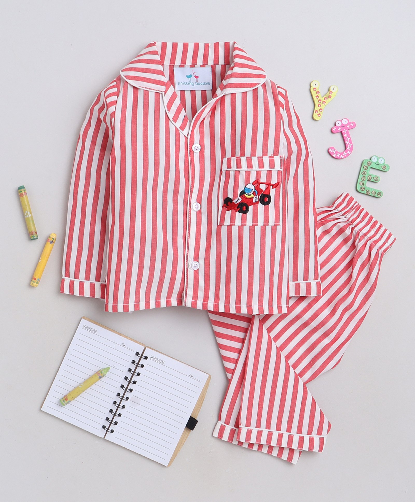 Knitting Doodles Premium Cotton Full Sleeves Railroad Striped & Racing Car Embroidered Coordinating Night Suit - Red & White-picture-40