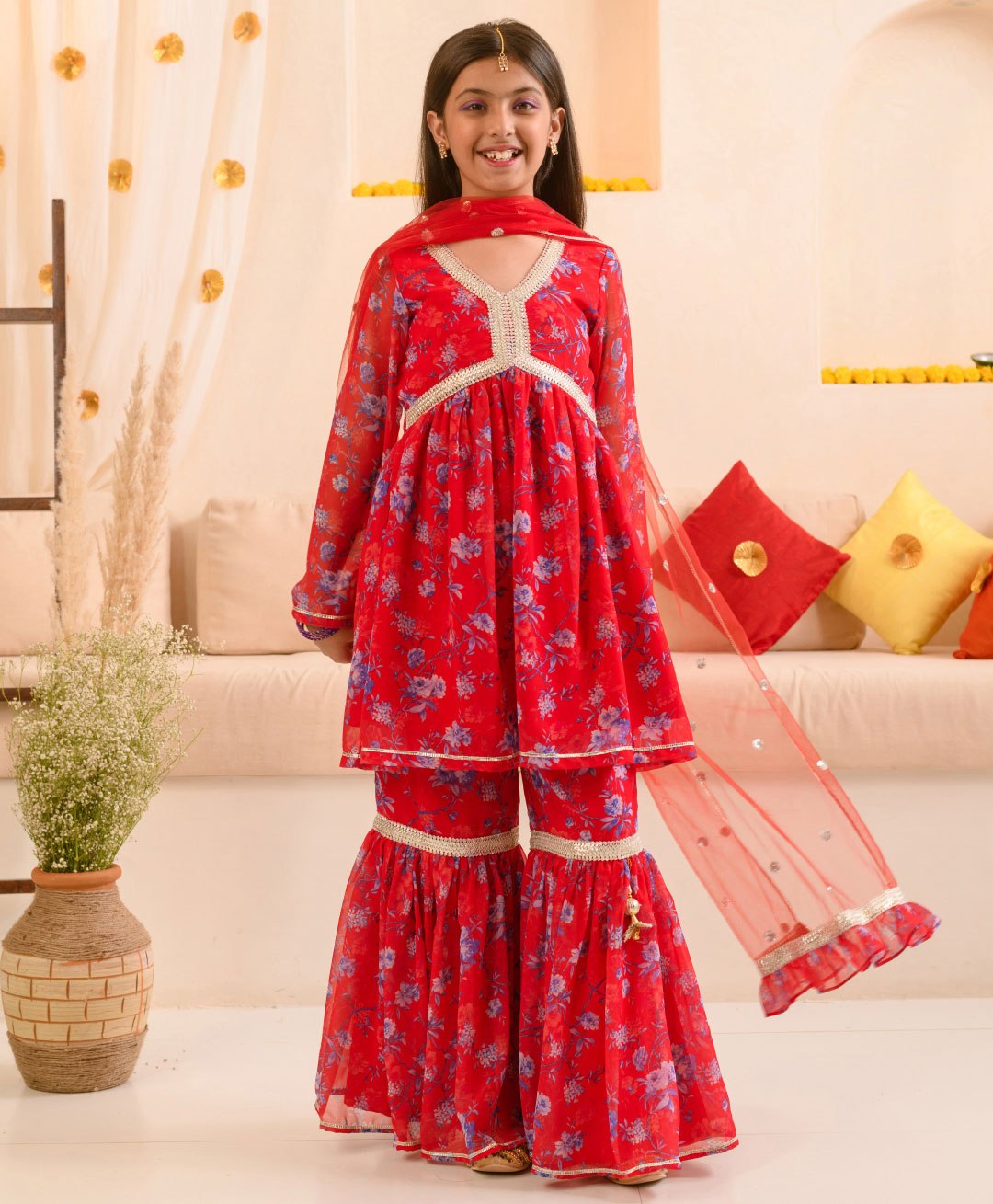 Pspeaches  Three Fourth Sleeves Floral Printed & Frill Detailed Lace Embellished Coordinating Sharara Set  - Red-image-35