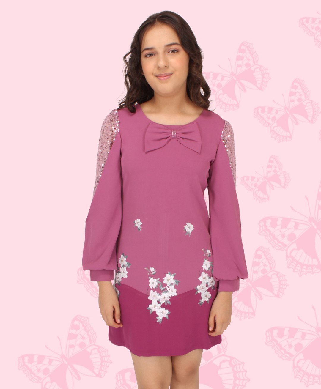 Cutecumber Full Sleeves Sequin With Bow Embellished & Flower Printed A Line Dress - Purple-image-2