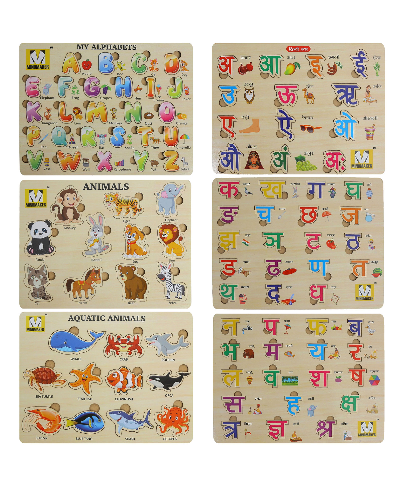 MINDMAKER Wooden Puzzle without Knobs Educational and Learning Toy for Kids Set of 6 - 98 Pieces-image-24