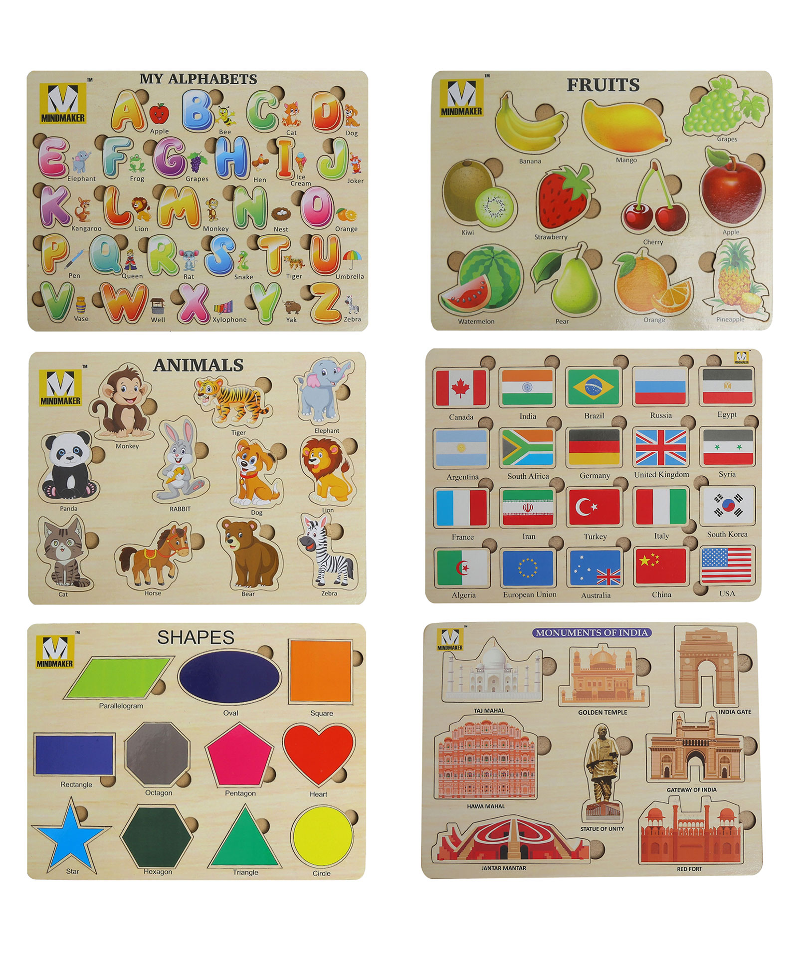 Mindmaker Wooden Puzzles without Knobs Educational Boards for Kids Multicolour - 87 Pieces-picture-34