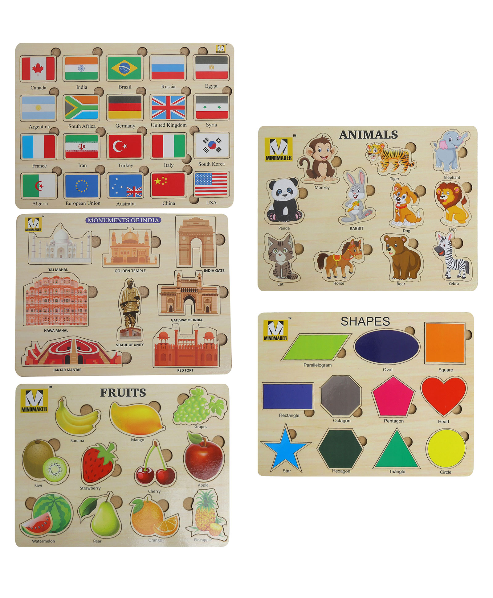 mindmaker Wooden Puzzle without Knobs Educational and Learning Toy Set of 5 Multicolour - 61 Pieces-picture-23
