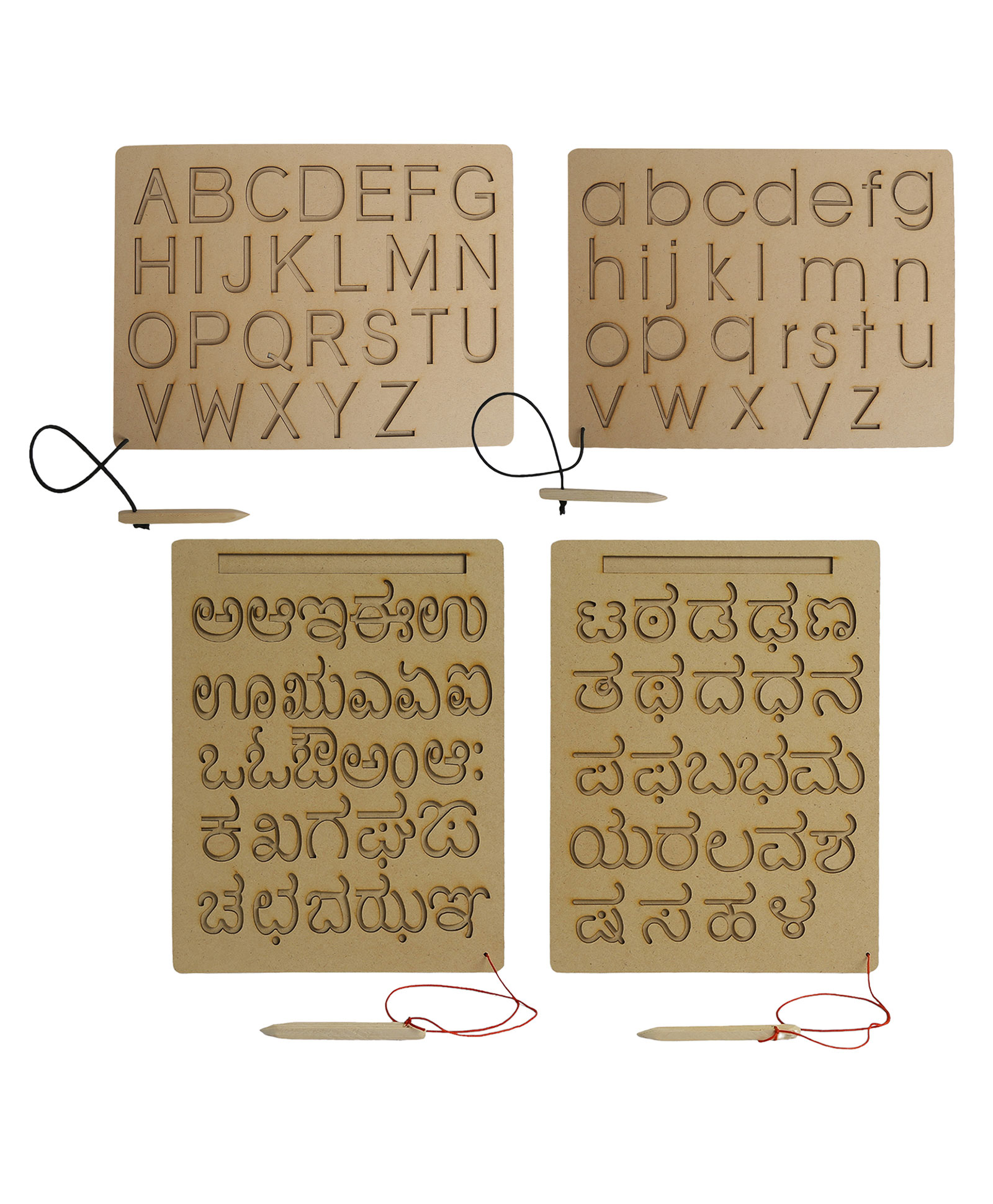 Wooden Tracing Boards Capital Alphabets Small Alphabets Kannada Vowel and Consonants Wooden Montessori Learning Skills Practice Brown - 4 Pieces-image-7